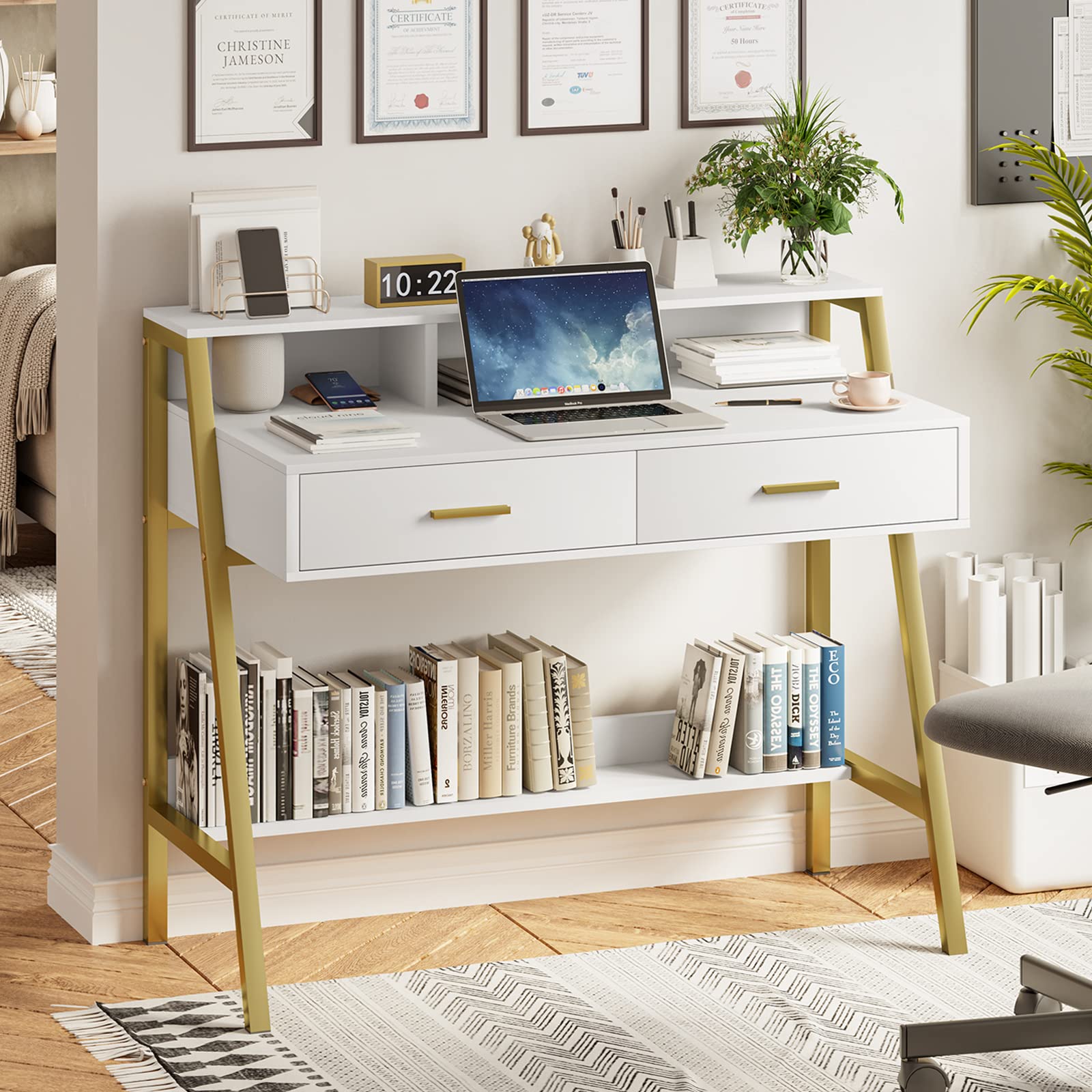 Tiptiper 41 Inch Modern Computer Desk with Drawers & Storage Shelf - White and Gold Home Office Desk with Monitor Stand, Study Writing Table, Laptop PC Workstation (Perfect for Small Spaces, Home Office, Gaming Setup & Remote Work)