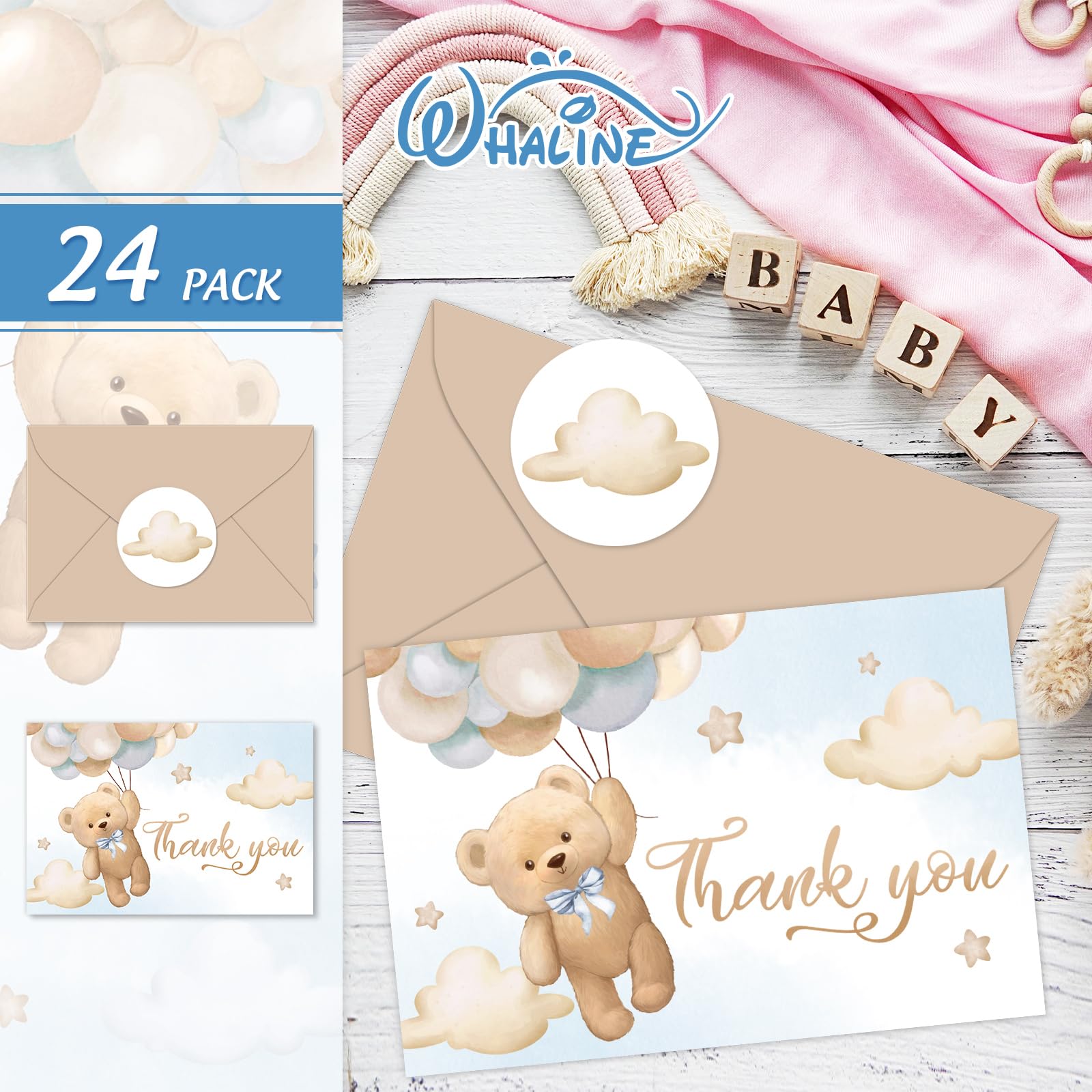 Whaline 24Pcs Watercolor Bear Thank You Cards with Envelopes & Stickers - 4x6 Inch Blank Note Cards for Birthday, Wedding, Baby Shower - Perfect for Party Invitations, Gifts & Greetings