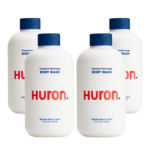 Huron Men’s Moisturizing Body Wash with Coconut Oil, Vitamin E & Witch Hazel - Vegan & Cruelty-Free - Refreshing Citrus Eucalyptus Scent - 12.2 fl oz (4 Pack) - Perfect for Post-Workout, Gym & Daily Shower Routine
