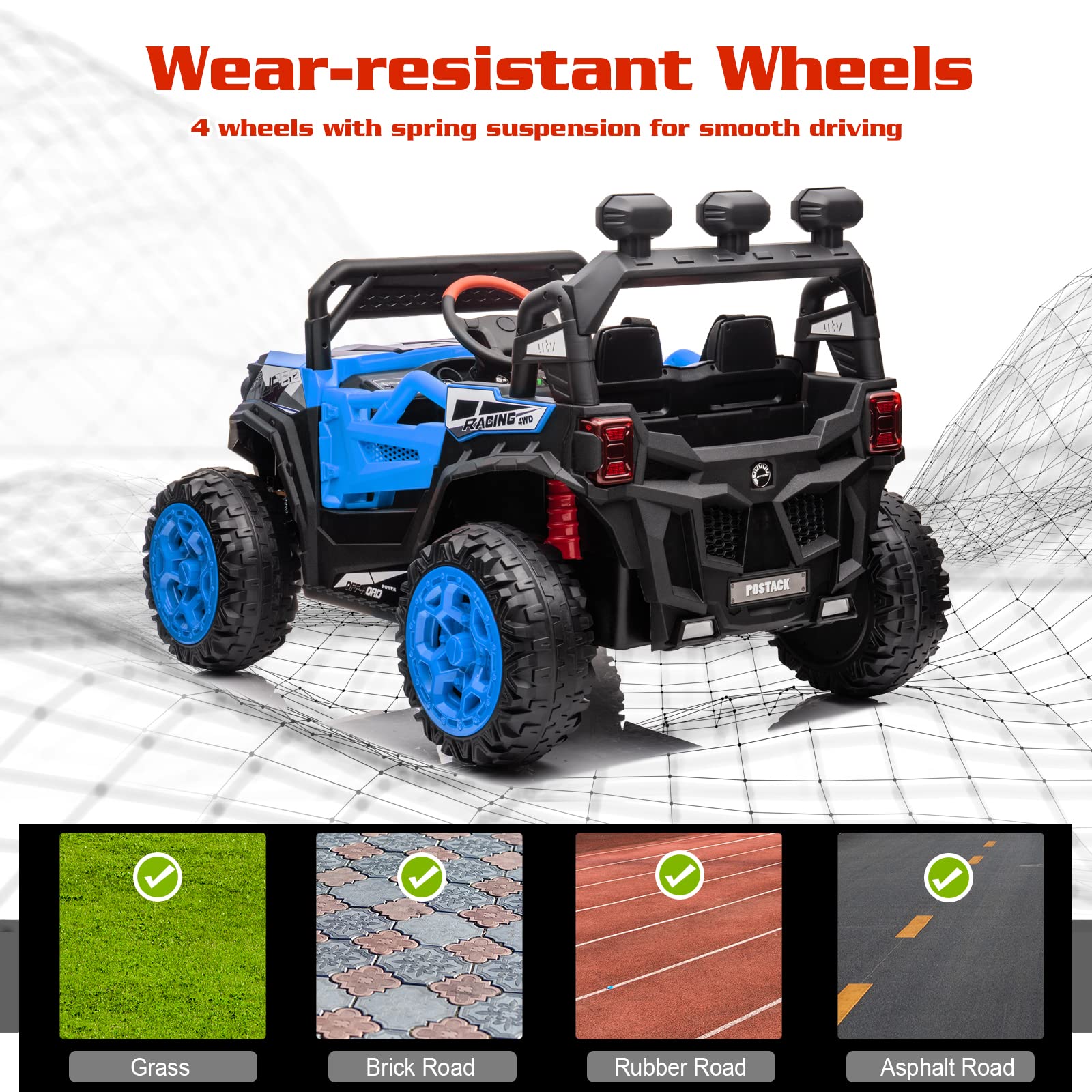 POSTACK 24V Kids Ride On Car with Parental Remote Control - 4WD Electric Off-Road Vehicle for Boys & Girls Ages 3-8 - Blue Battery Powered Toy UTV for Indoor & Outdoor Play - Perfect for Backyard, Park, and Driveway Adventures