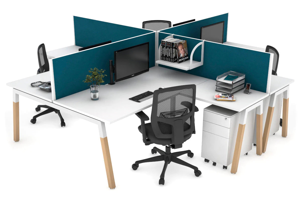 Quadro Wood A Legs Cross Beam 4-Person Corner Workstation Desk - 1600L x 1800W with Cable Management Scallop - Perfect for Office, Home Workspace & Collaborative Environments