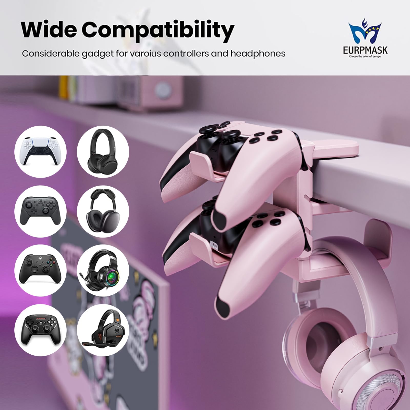 3-in-1 Gaming Headset & Controller Stand with Adjustable Clamp, Rotating Arm & Cable Management - Universal PC Gaming Accessory Organizer (Pink) - Perfect for Desk Setup & Streamer Battlestation