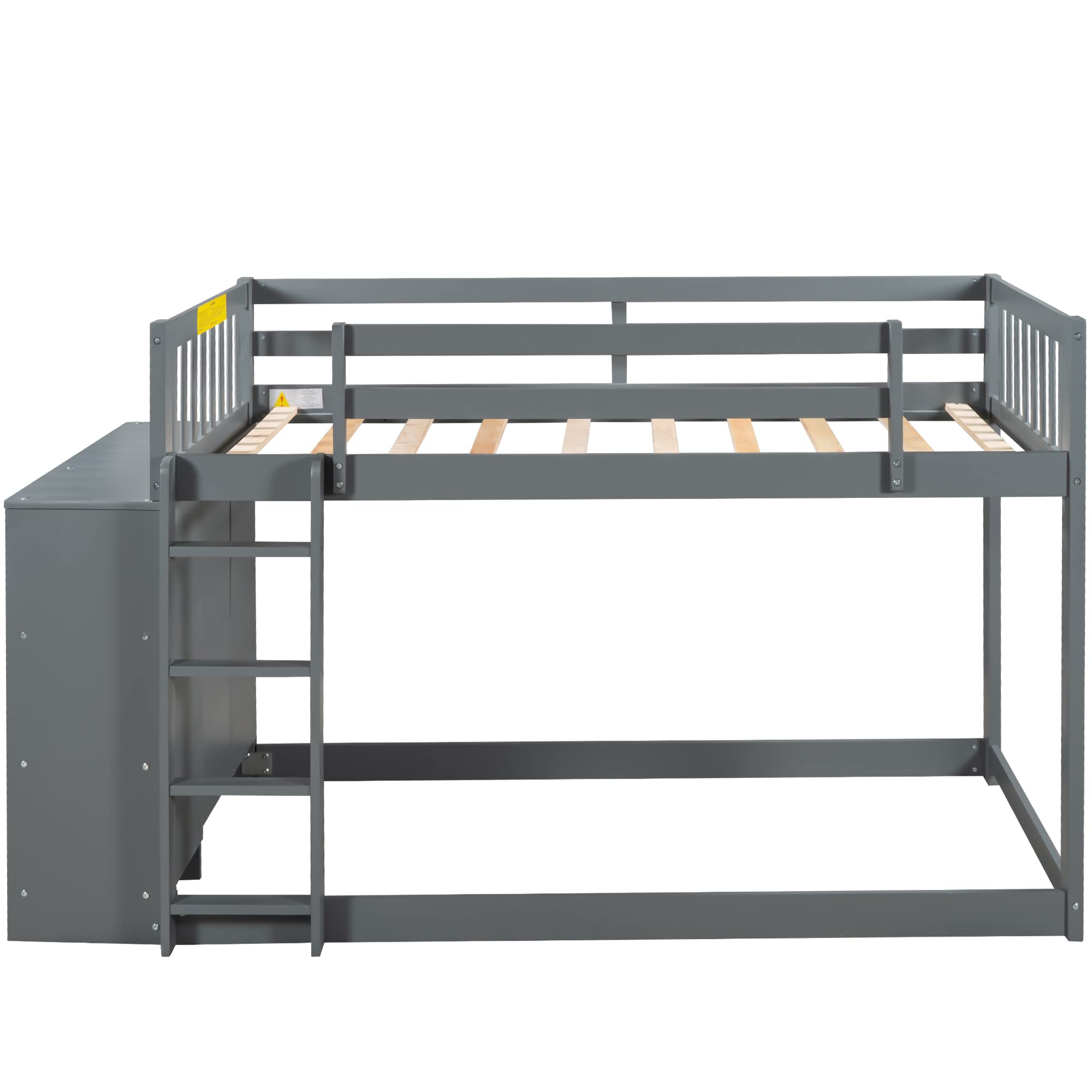 Twin Over Twin Solid Wood Bunk Bed with Cabinet & Shelves - Low Loft Bed Frame with Ladder & Guardrails for Kids, Teens & Adults - Multi-Functional Storage Space (Gray) - Perfect for Small Bedrooms, Dorms & Guest Rooms