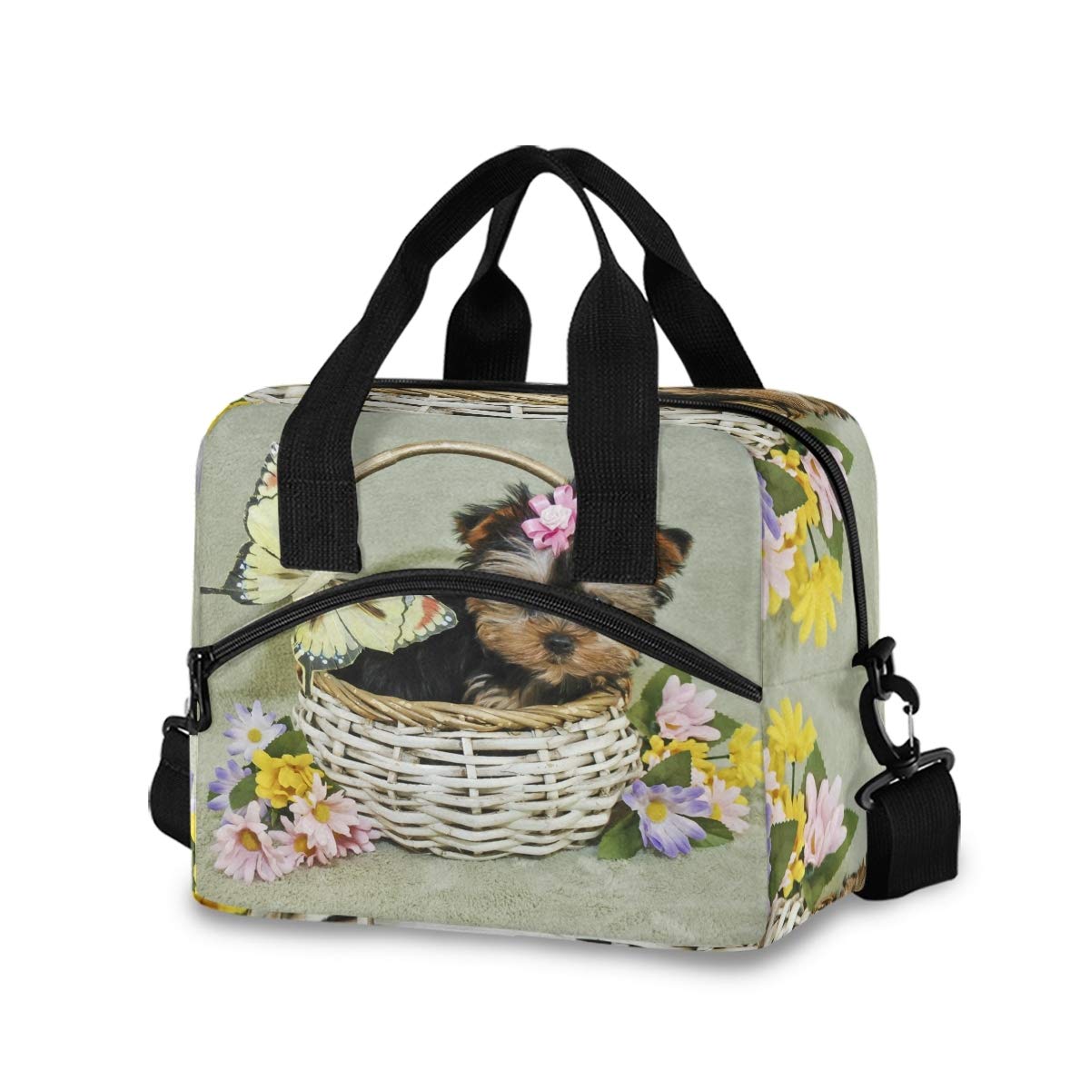 Yorkie Puppy with Daisy Print Insulated Lunch Bag for Women - Cute Crossbody Lunch Box & Cooler Bag for Work, School & Picnics (924a)