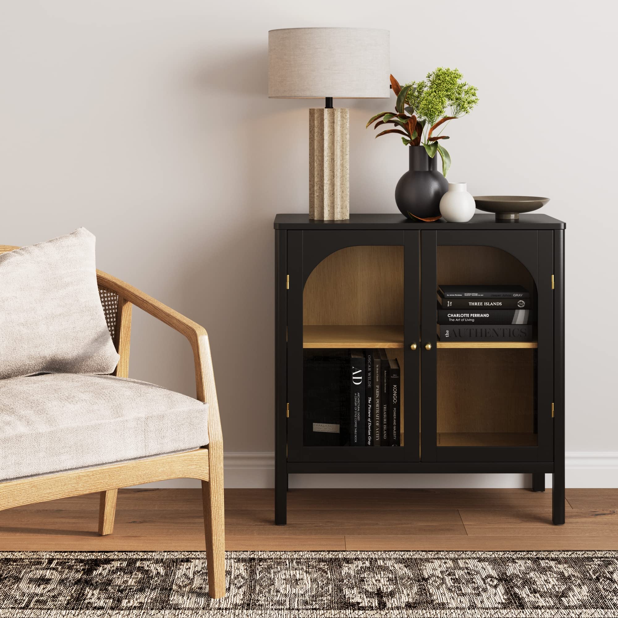 Nathan James Mason Modern Storage Cabinet - Black Oak Wood Buffet Sideboard with Glass Doors & Adjustable Shelf - Free Standing Accent Credenza for Dining Room, Entryway, Living Room - Perfect for Home Organization & Stylish Storage Solutions