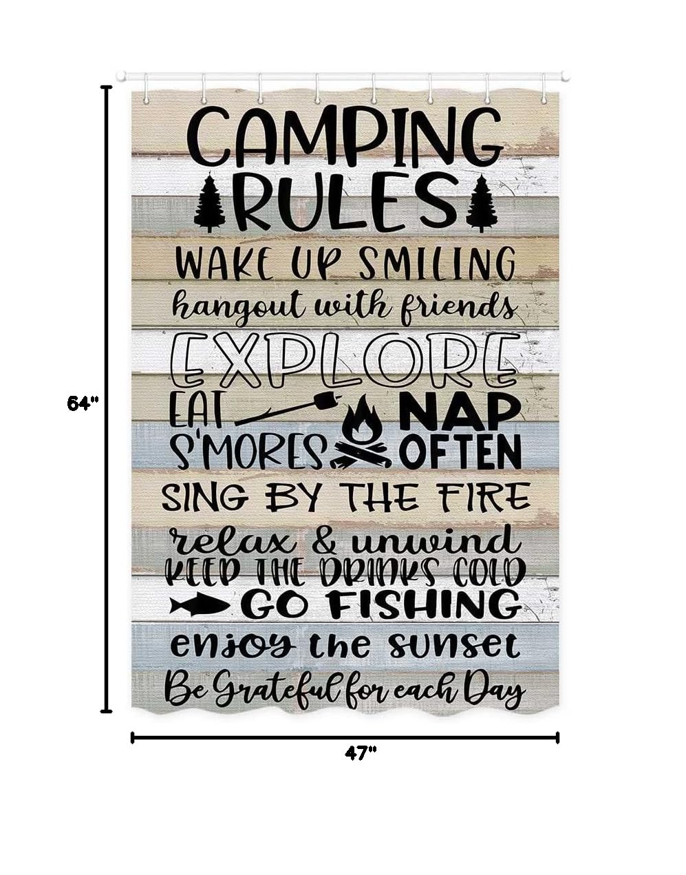 Happy Camper Rules RV Shower Curtain - Rustic Wood Board Farmhouse Motorhome Decor for Travel Trailers | Waterproof Fabric Bathroom Curtain 47x64 Inches | Perfect for Camping, RV Trips & Outdoor Adventures