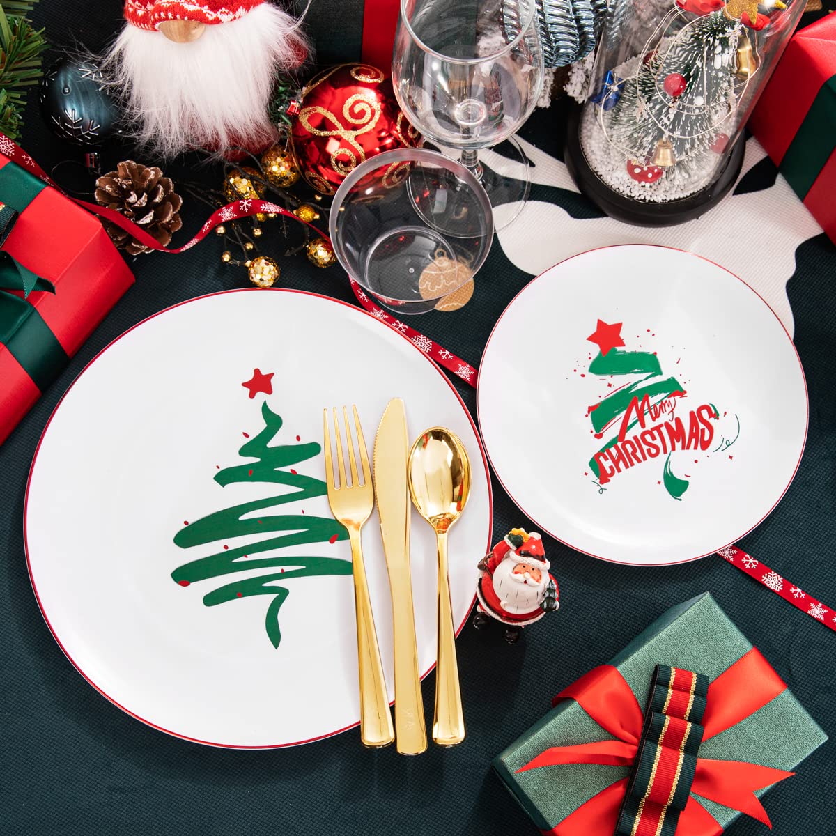 KIRE 25-Pack Christmas Party Plates Set - White & Green Tree Plastic Dinner Plates, Gold Disposable Cutlery & Clear Gold Cups for Holiday Gatherings, Family Dinners & Festive Celebrations