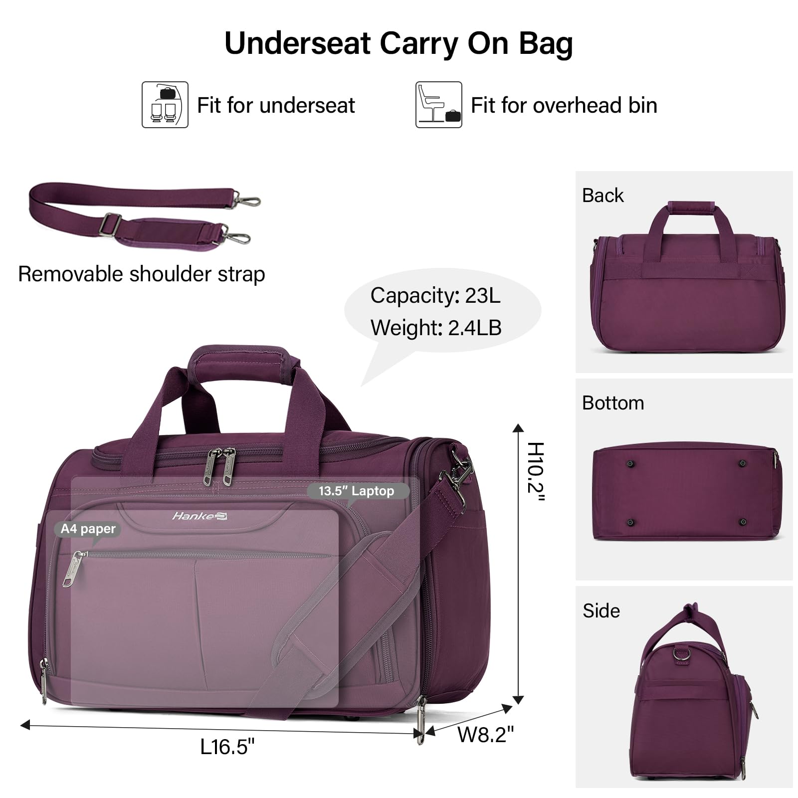 Hanke Foldable Underseat Carry-On Luggage Bag for Women & Men - Lightweight Softside Travel Tote Bag - Perfect Personal Item for Flights, Crew & Overnight Trips (Purple) | Ideal for Business Travel, Weekend Getaways & Airplane Cabin Storage