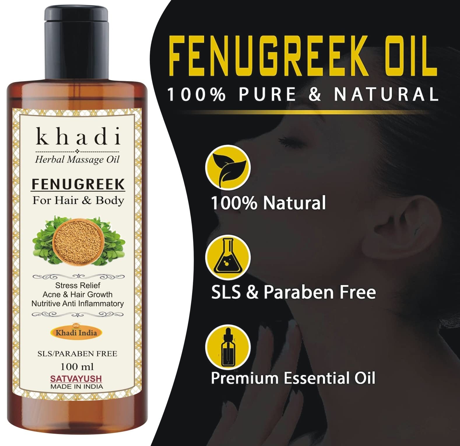Satvayush Khadi Fenugreek (Methi) Ayurvedic Massage Oil - 100% Natural Herbal Oil for Hair Growth & Body Care | Promotes Healthy Scalp & Skin Hydration | Perfect for Daily Ayurvedic Massage & Hair Treatment