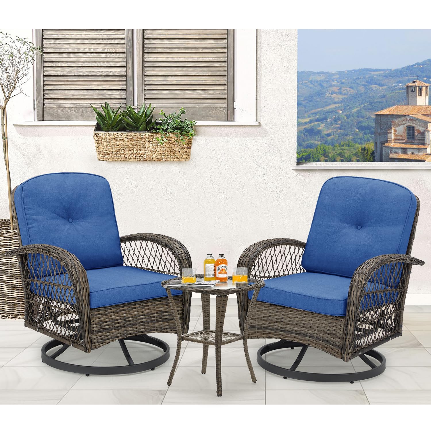 EROMMY 3-Piece Outdoor Swivel Rocking Chair Set with 360° Rotation, Thickened Cushions & Glass Coffee Table - Navy Blue Patio Furniture for Backyard, Garden, Poolside or Deck Relaxation