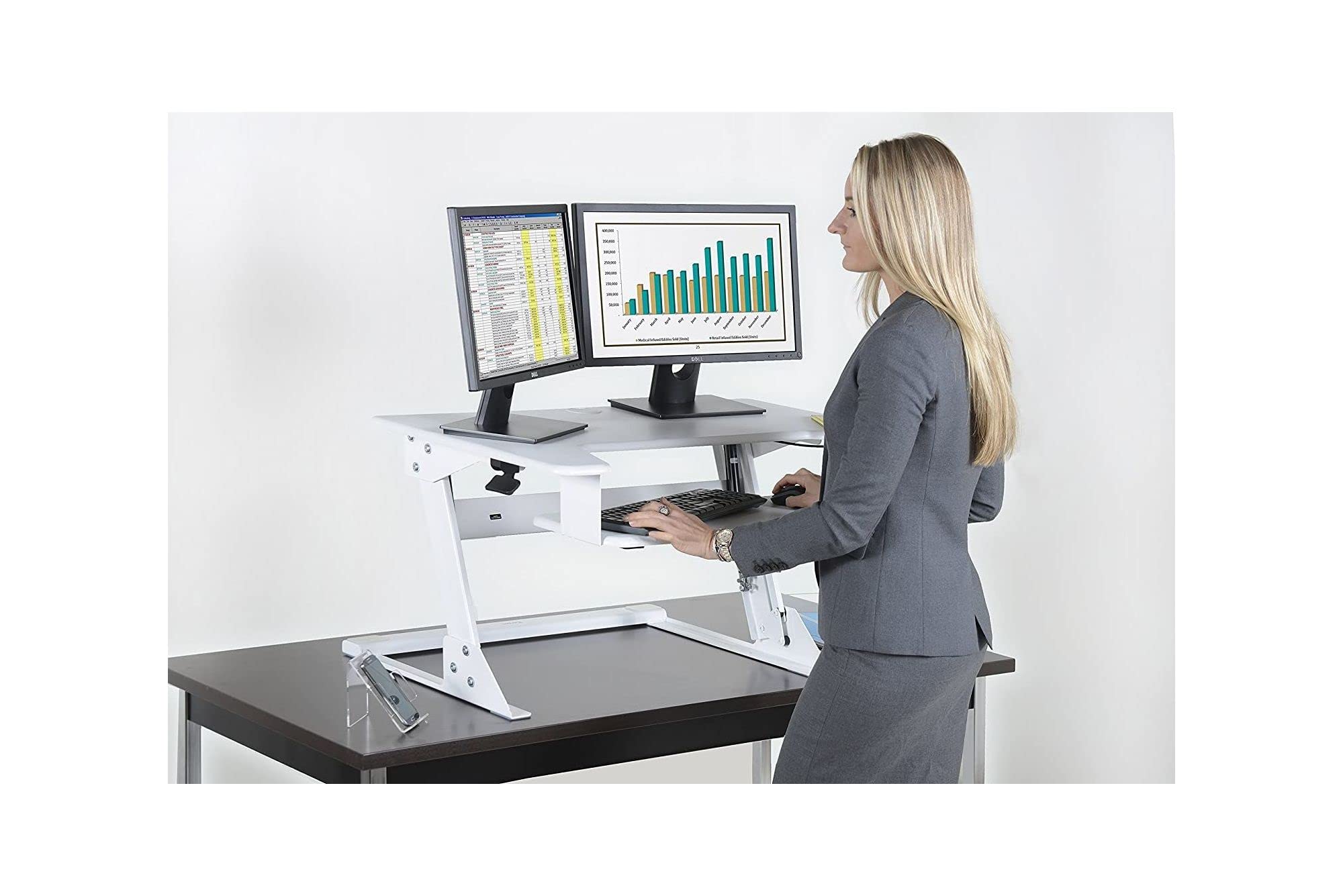 Kantek Adjustable Sit to Stand Desktop Riser - Ergonomic Height Adjustable Monitor Stand for Home & Office (STS900W, White) | Perfect for Dual Monitor Setup & Improving Posture