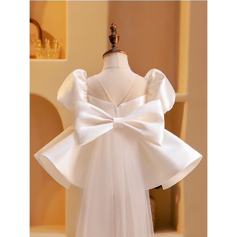 White Satin Princess Flower Girl Dress with Puff Sleeves - Perfect for Weddings, Baptisms & Special Occasions