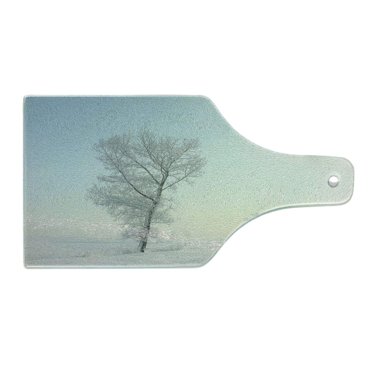 Ambesonne Winter Themed Tempered Glass Cutting Board - Frozen Tree Sunrise Landscape Design, Wine Bottle Shape in Pale Blue Cream White - Perfect for Holiday Serving, Cheese Platters & Wine Pairings