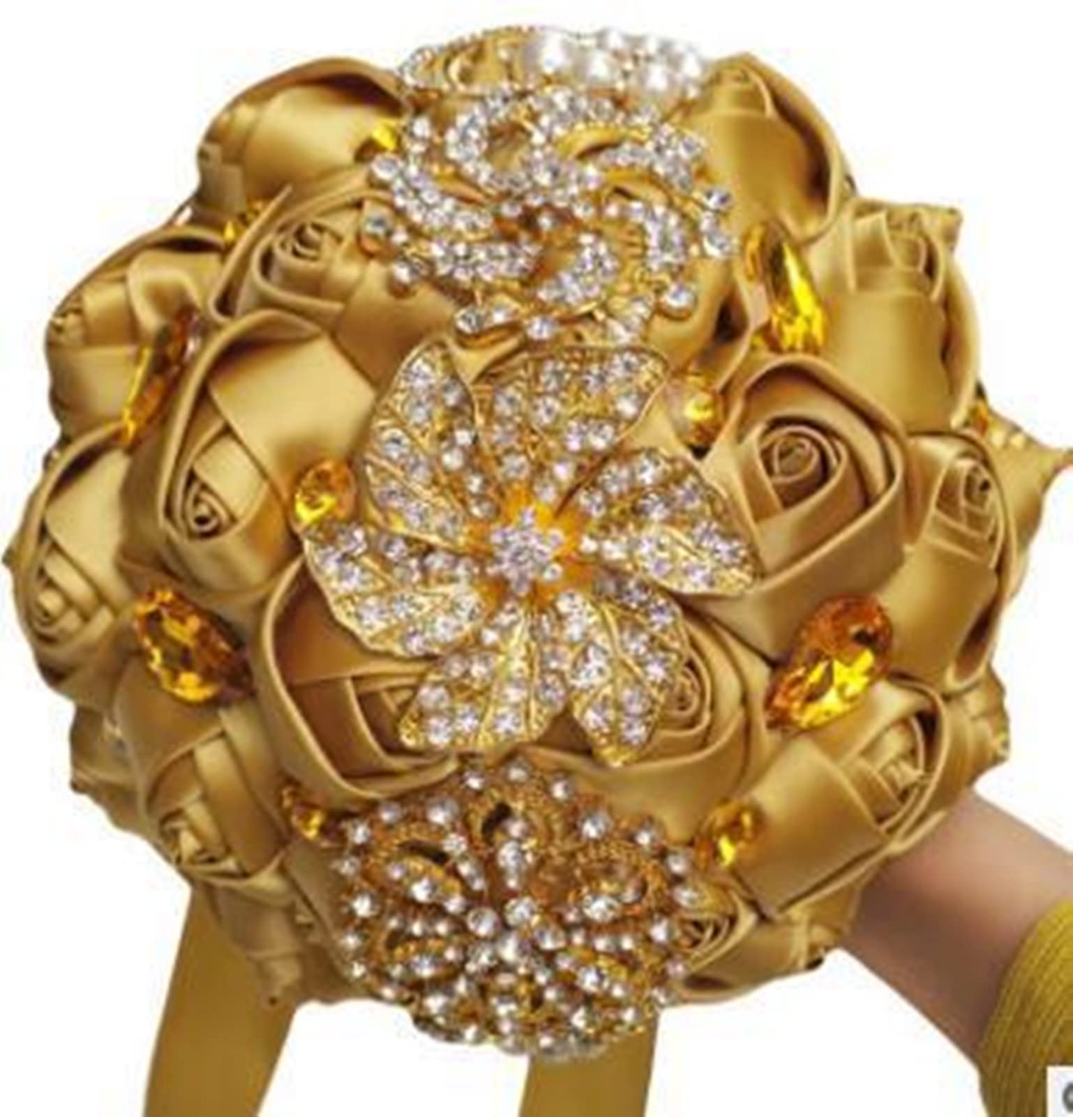 Luxury Gold Rhinestone Wedding Bouquet - Elegant Satin Rose Flower Bouquet for Bride & Bridesmaids - Perfect for Bridal Showers, Wedding Ceremonies & Photo Shoots