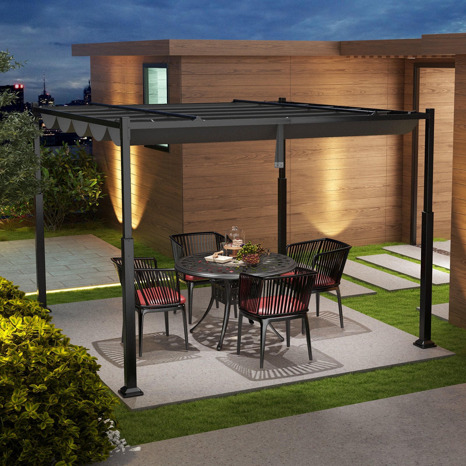 10x10 Ft Outdoor Pergola with Retractable Canopy - Waterproof Sun Shade Gazebo for Patio, Backyard, Garden - Costway Steel Frame Canopy with Adjustable Height & UV Protection