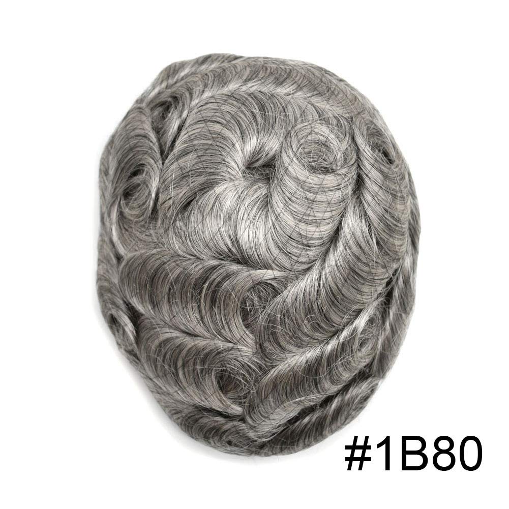 Premium Men's Toupee - 100% Human Hair & Ultra Thin Skin Base - Natural Hair Replacement System for Men (1B80# Off Black & 80% Synthetic Grey) - Light to Medium Density 8