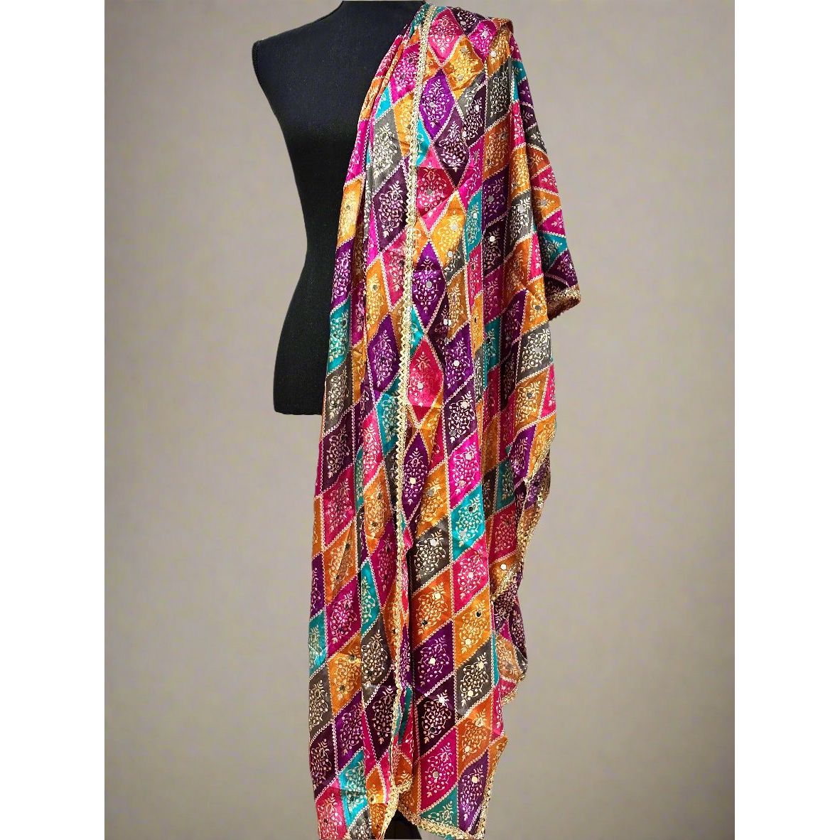 Phulkari Style Dupatta - Handmade Indian Embroidered Scarf for Women - Perfect for Weddings, Parties & Festive Occasions