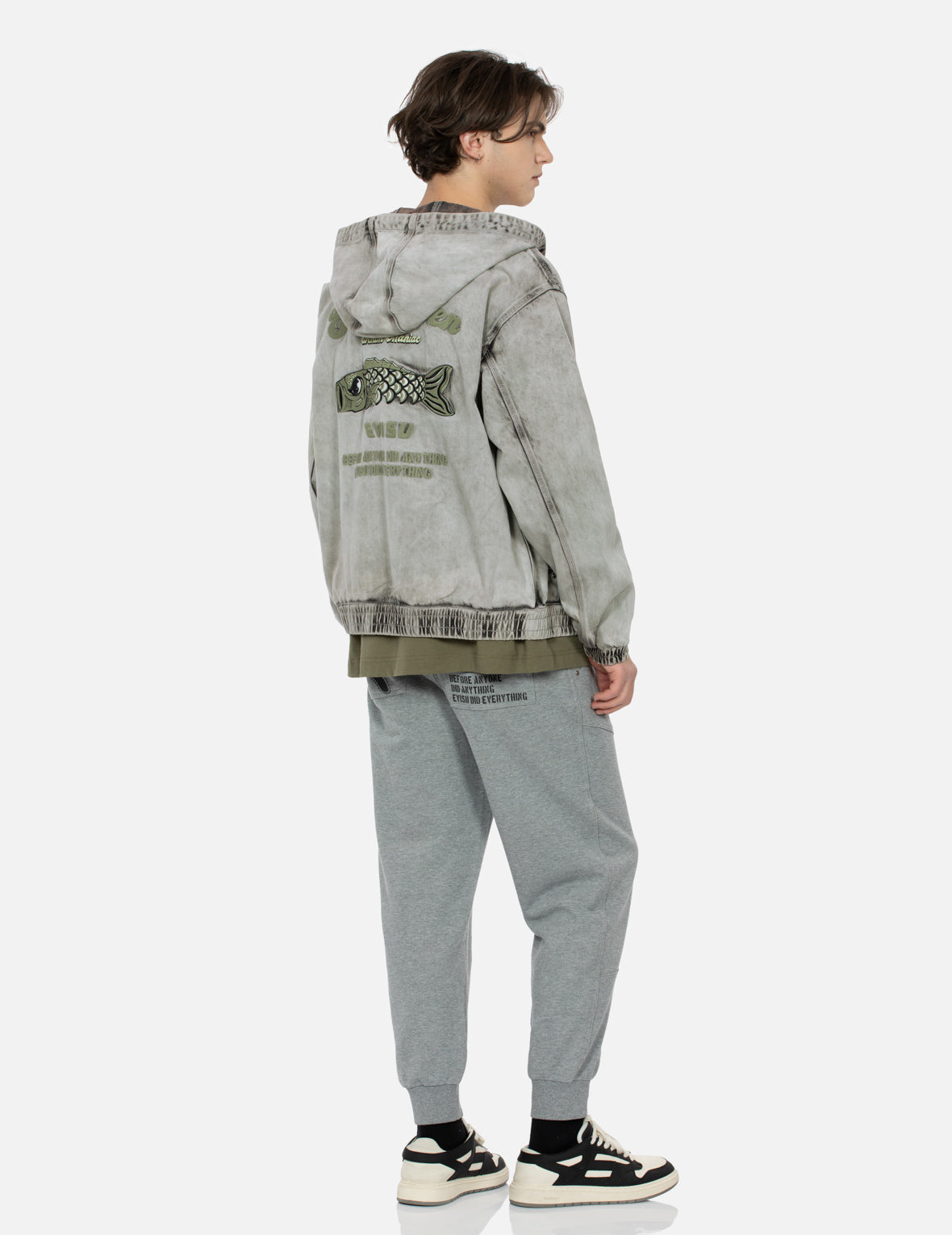 Stylish Koinobori & Seagull Embroidered Loose Fit Denim Hoodie Jacket - Perfect for Casual Wear, Street Fashion & Spring Outfits