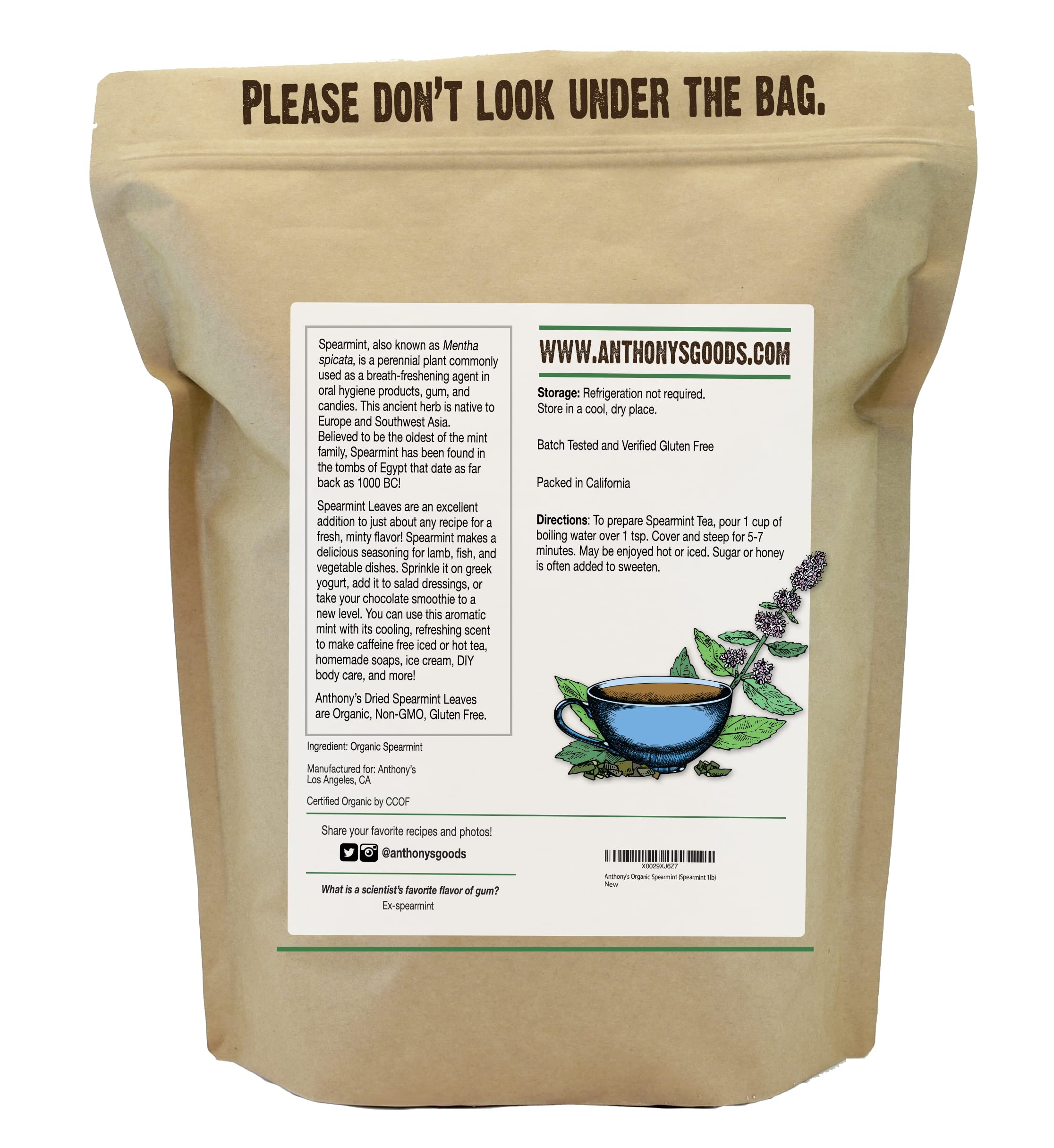 Anthony's Organic Dried Spearmint Leaves 1 lb - Gluten Free, Non-GMO, Cut & Sifted - Perfect for Tea, Cooking, Aromatherapy & Herbal Remedies