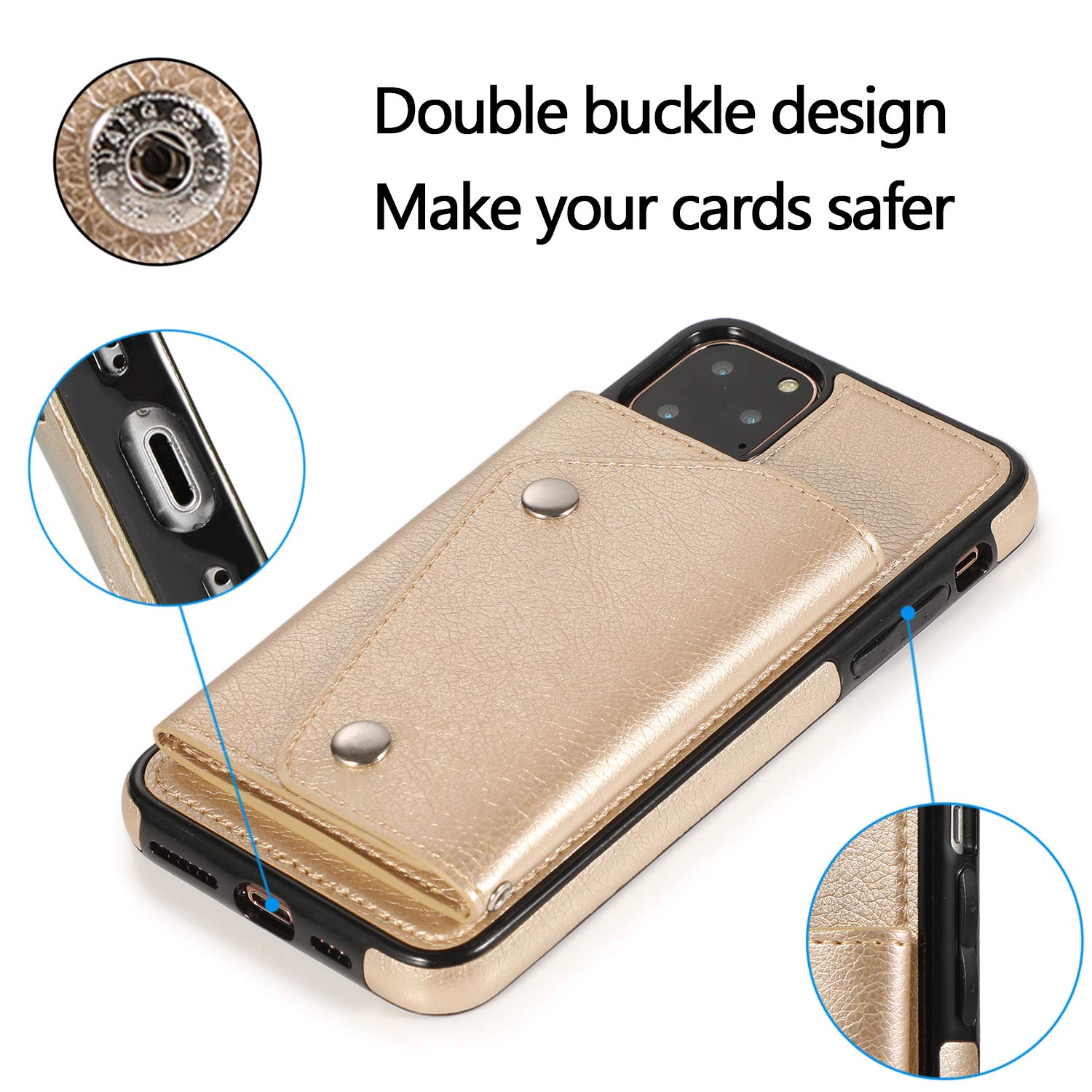 Premium PU Leather Wallet Case for iPhone 11 Pro Max - Card Holder with Neck Strap & Wrist Strap | Slim Protective Cover with Credit Card Slots | Perfect for Travel, Shopping & Everyday Use (Gold)