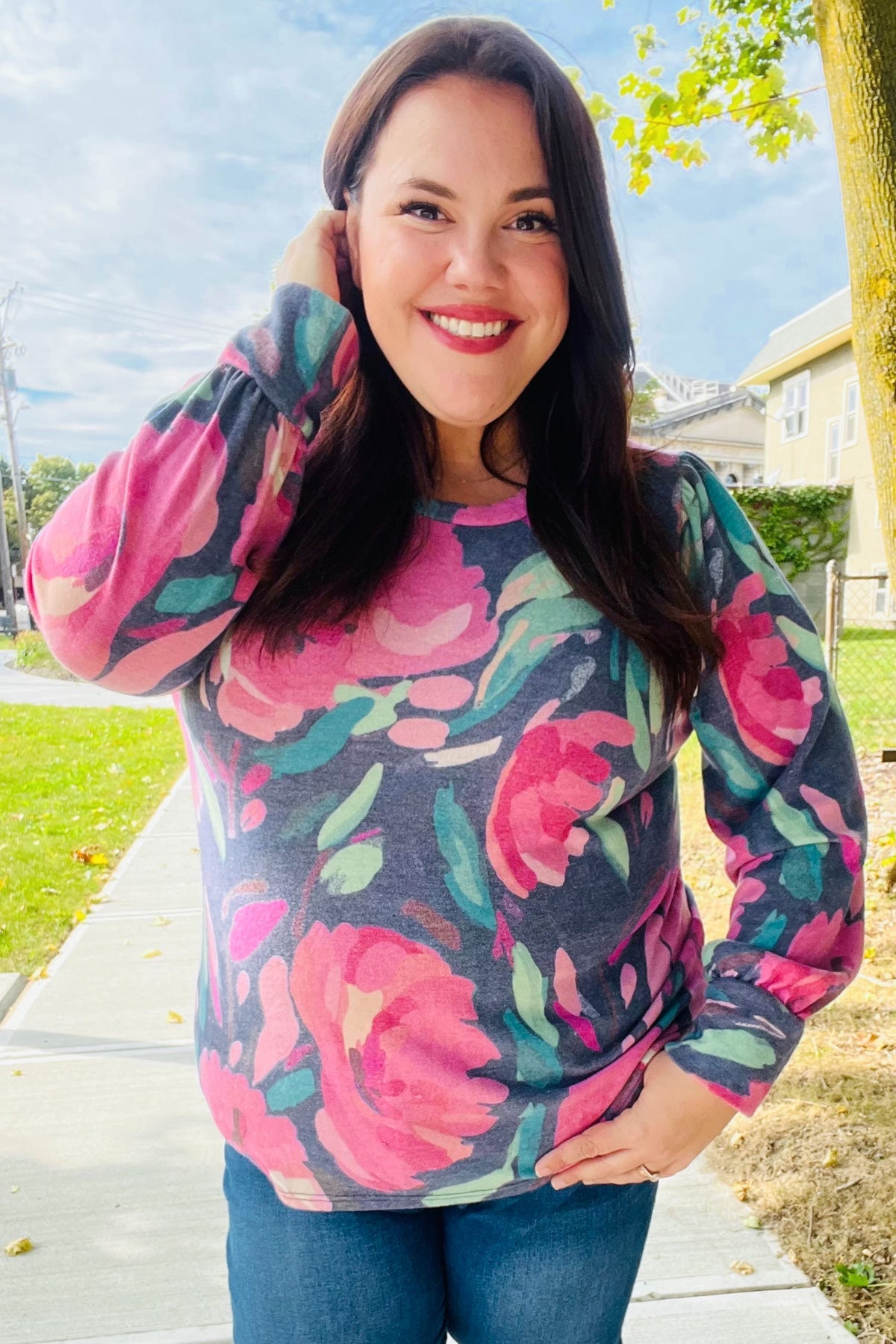 Navy Floral Brushed Hacci Sweater Top for Women - Soft Comfortable Knit Pullover for Fall & Winter | Perfect for Casual Outings, Office Wear & Date Nights