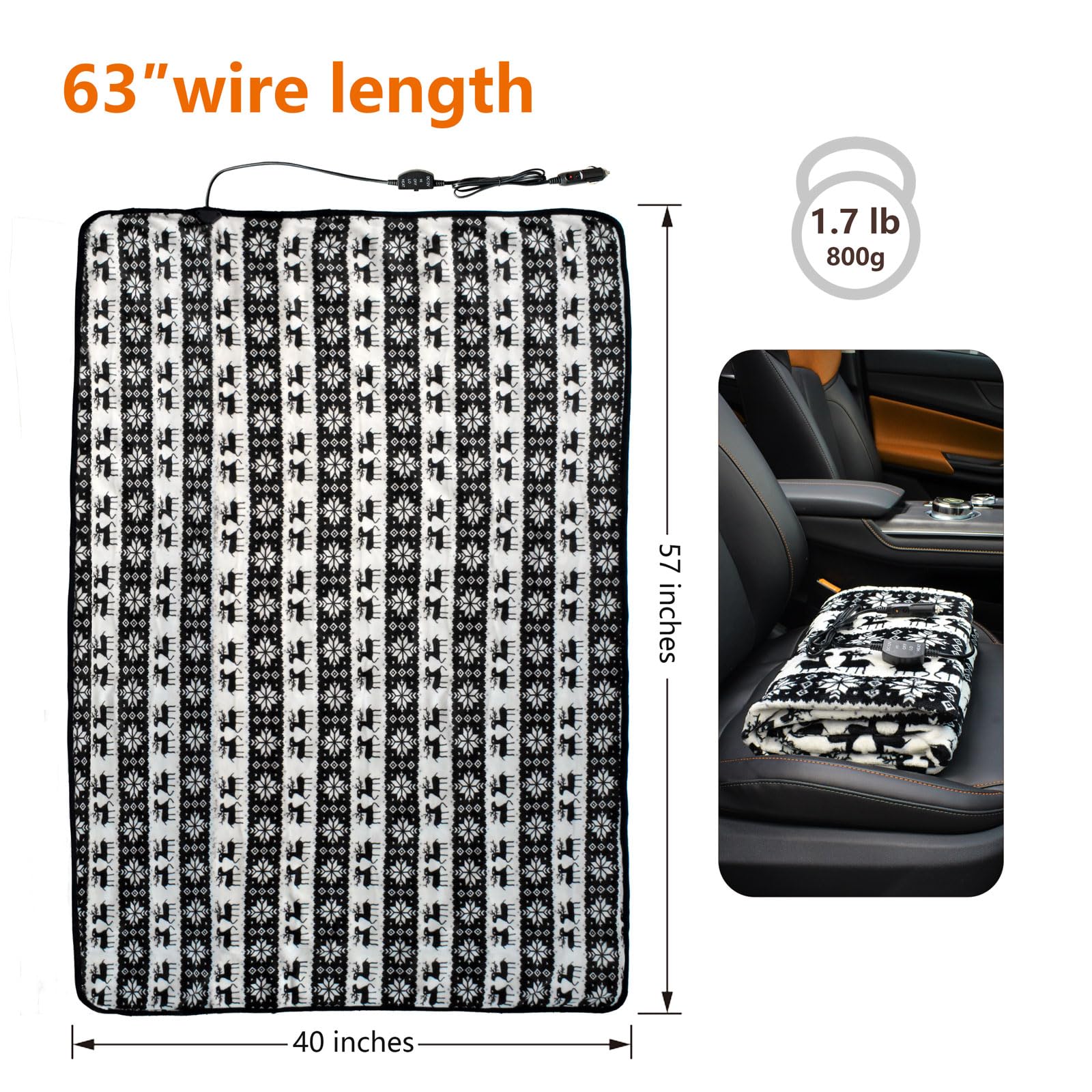 12V Electric Heated Car Blanket - Dual Heat Settings Portable Warming Blanket for Cars, Trucks & SUVs | Perfect for Winter Road Trips & Cold Weather Commutes (Black)