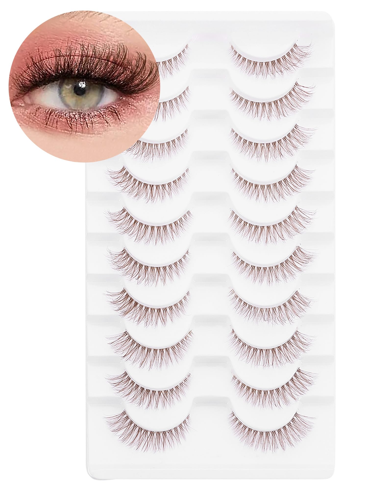 Outopen 10 Pairs Brown Lashes - Natural Look Cat Eye False Eyelashes with Wispy Clear Band, Short Length for Everyday Wear | Perfect for Work, Date Night & Special Occasions