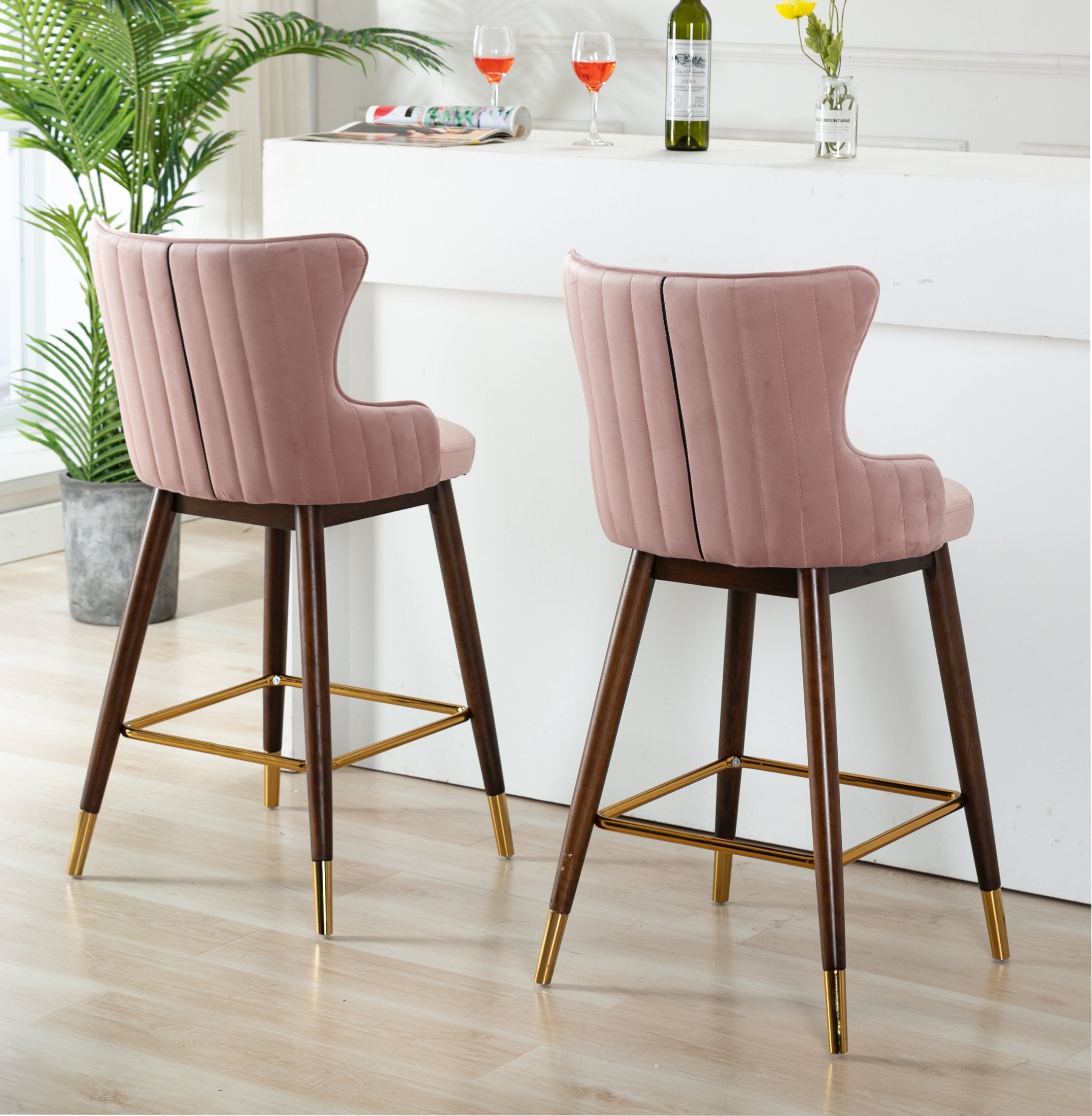 Roundhill Furniture Leland Fabric Upholstered Wingback Bar Stools - Pink Set of 2, Comfortable Kitchen Island Stools for Dining Room, Bar Counter & Home Decor