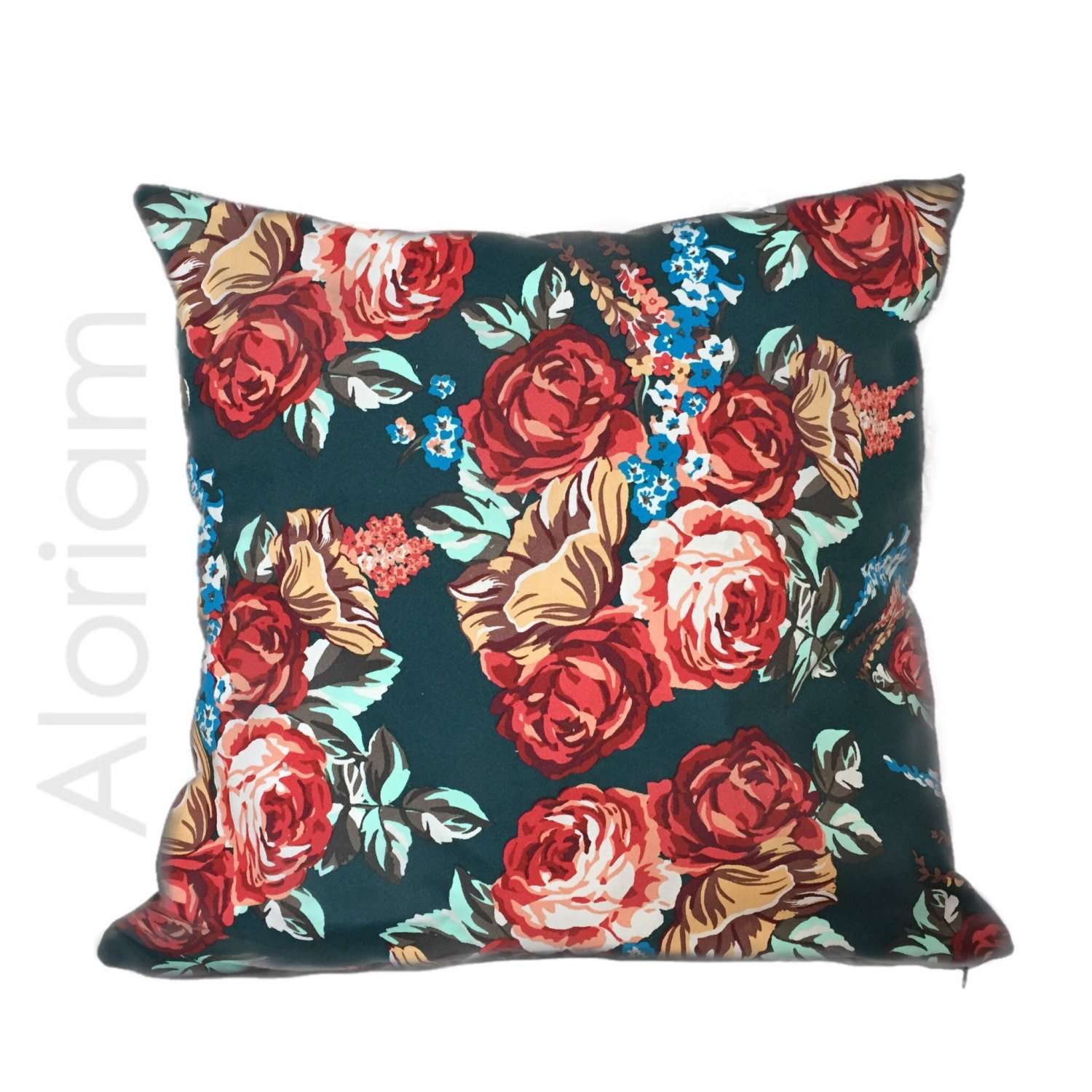 Red Roses Dark Green Floral Pillow Cover - Decorative Throw Pillow Case for Sofa, Bed, Couch - Home Decor Living Room Accessories