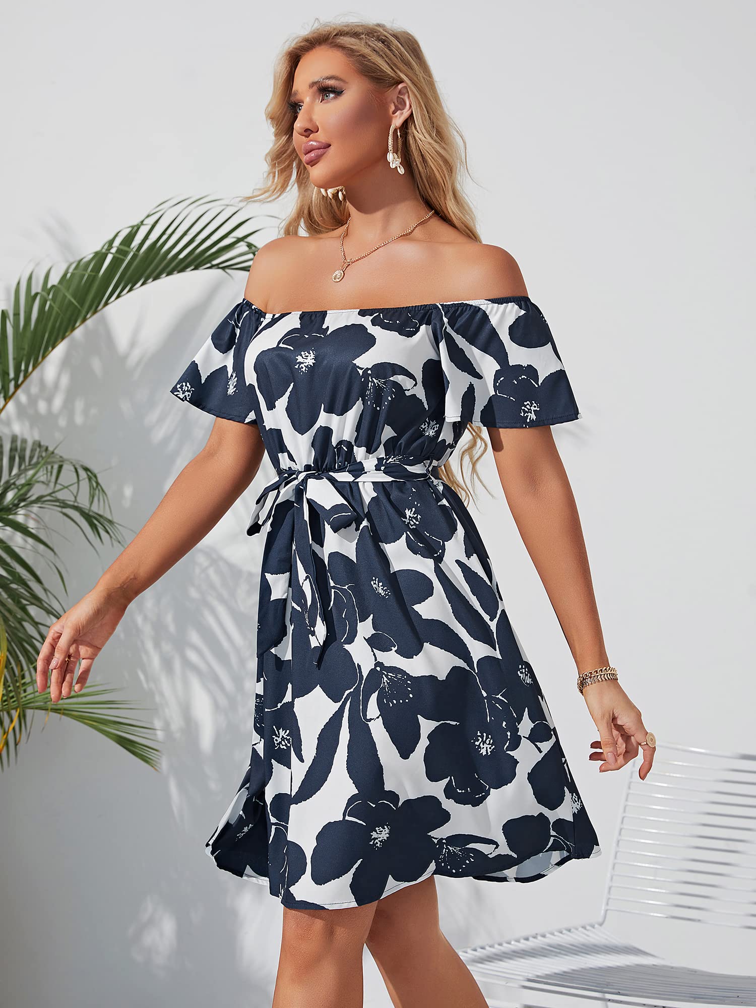 Women's Off Shoulder Ruffle Floral Summer Dress - A-Line Short Skater Dress with Belt for Wedding Guest, Party, Cocktail & Beach Vacation