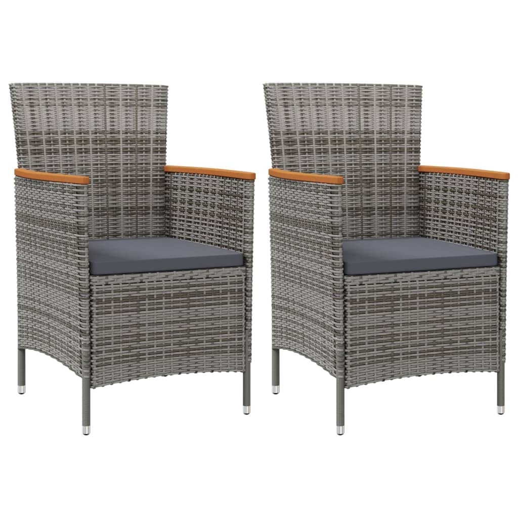 vidaXL Patio Dining Chairs Set of 2 - Weather-Resistant Poly Rattan with Acacia Wood Armrests & Comfortable Cushions - Easy to Clean Outdoor Furniture for Garden, Deck, or Backyard - Gray