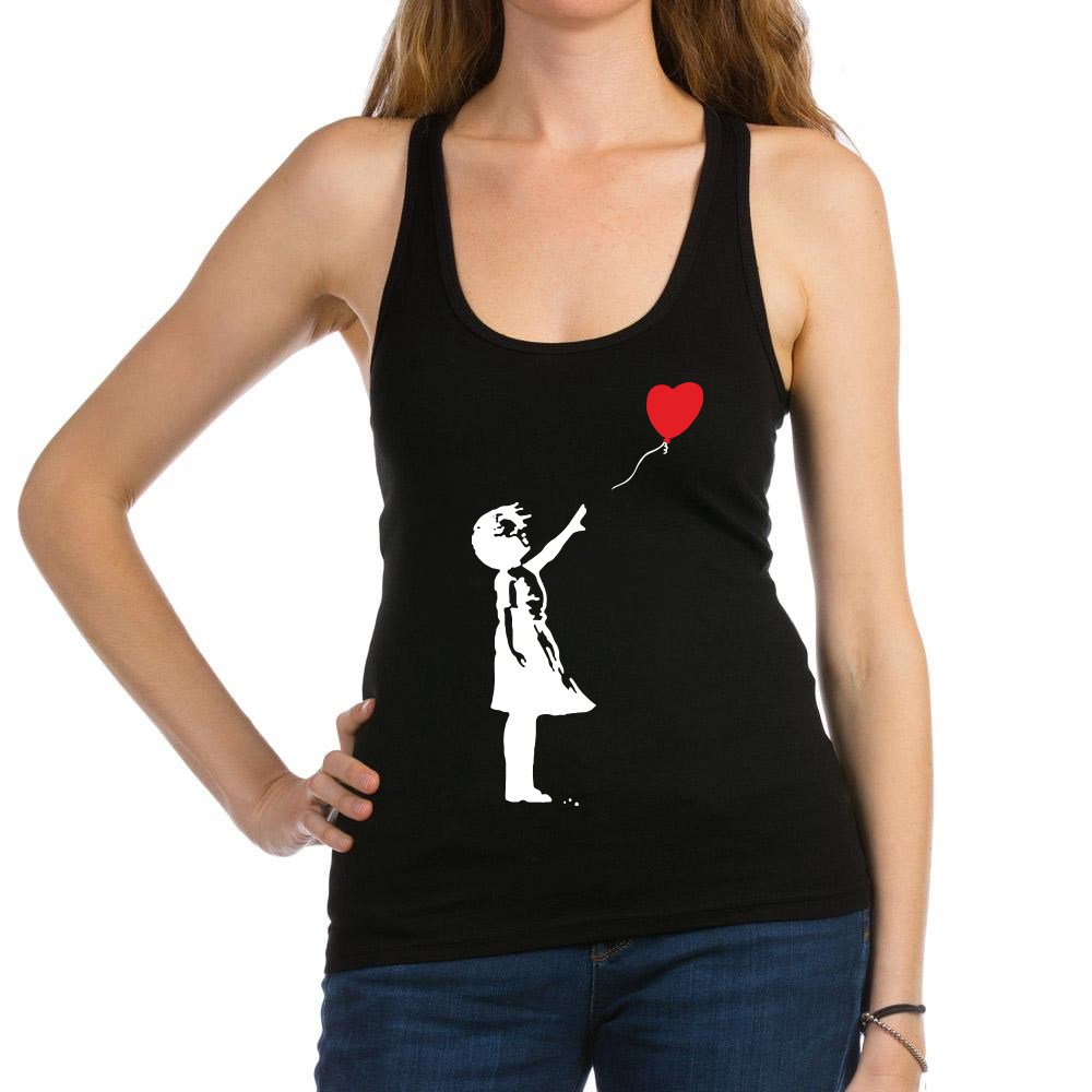 Banksy Girl with Balloons Street Art Graffiti Women's Racerback Black T-Shirt | Urban Fashion & Streetwear Style