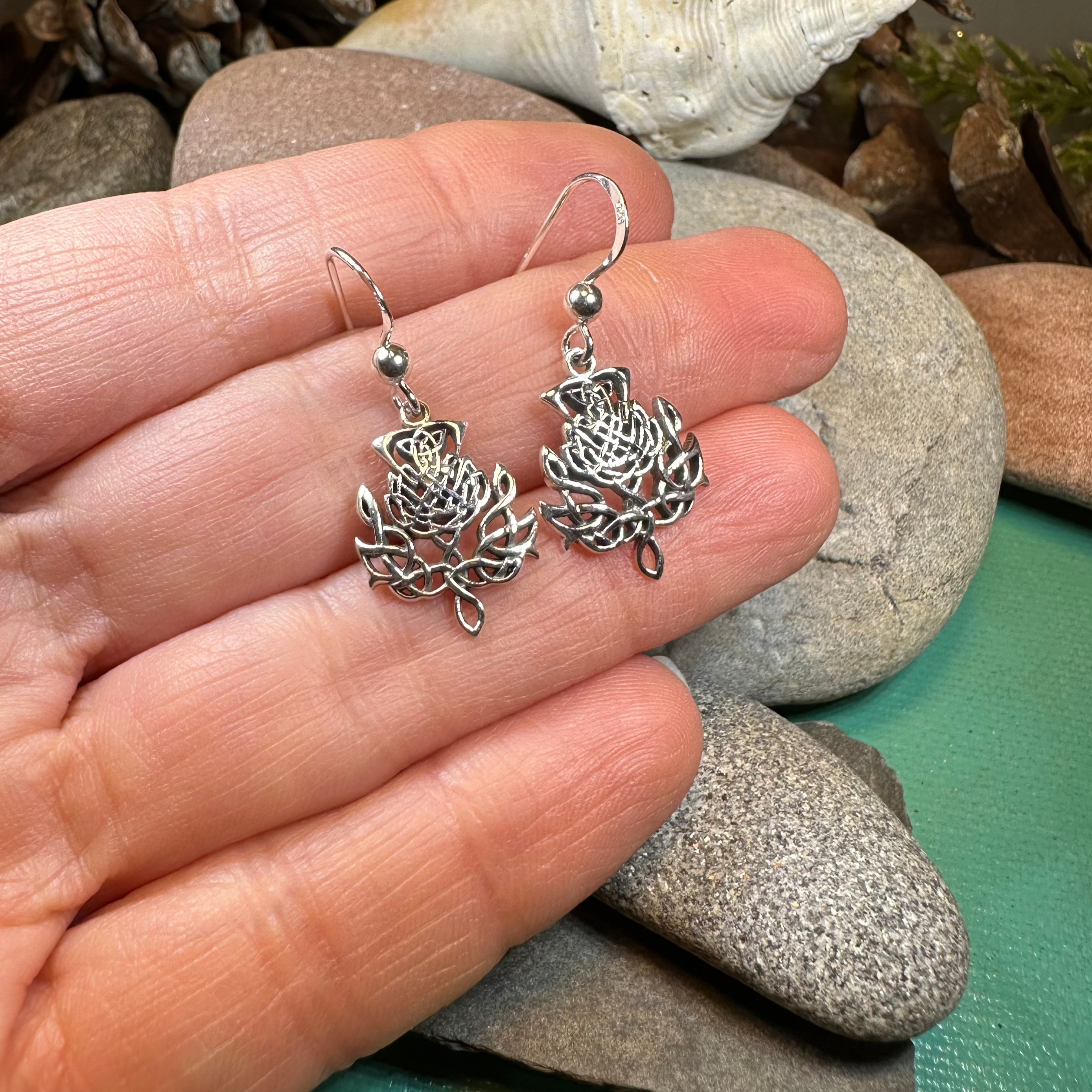 Eildon Thistle Earrings for Women - Sterling Silver Scottish Thistle Flower Dangle Earrings - Perfect for Celtic Festivals, Weddings, and Special Occasions