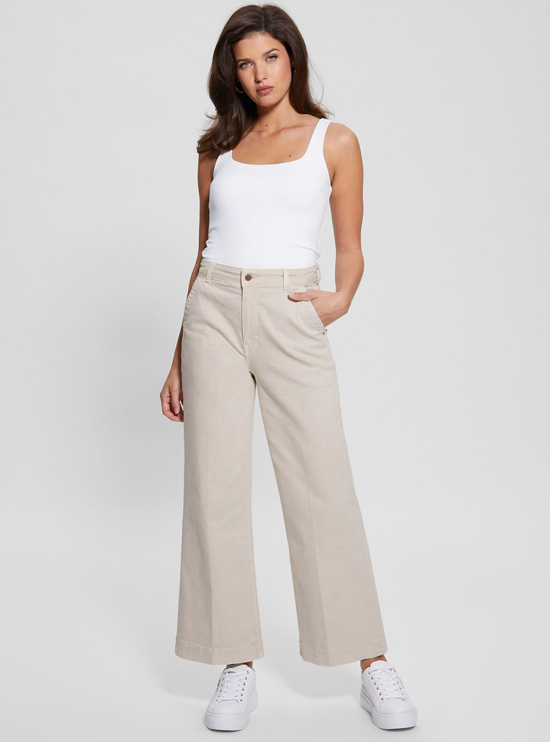 Beige Darma Wide Leg Pants for Women - High Waisted Linen Trousers with Pockets | Comfortable Lounge Pants for Yoga, Office & Casual Wear