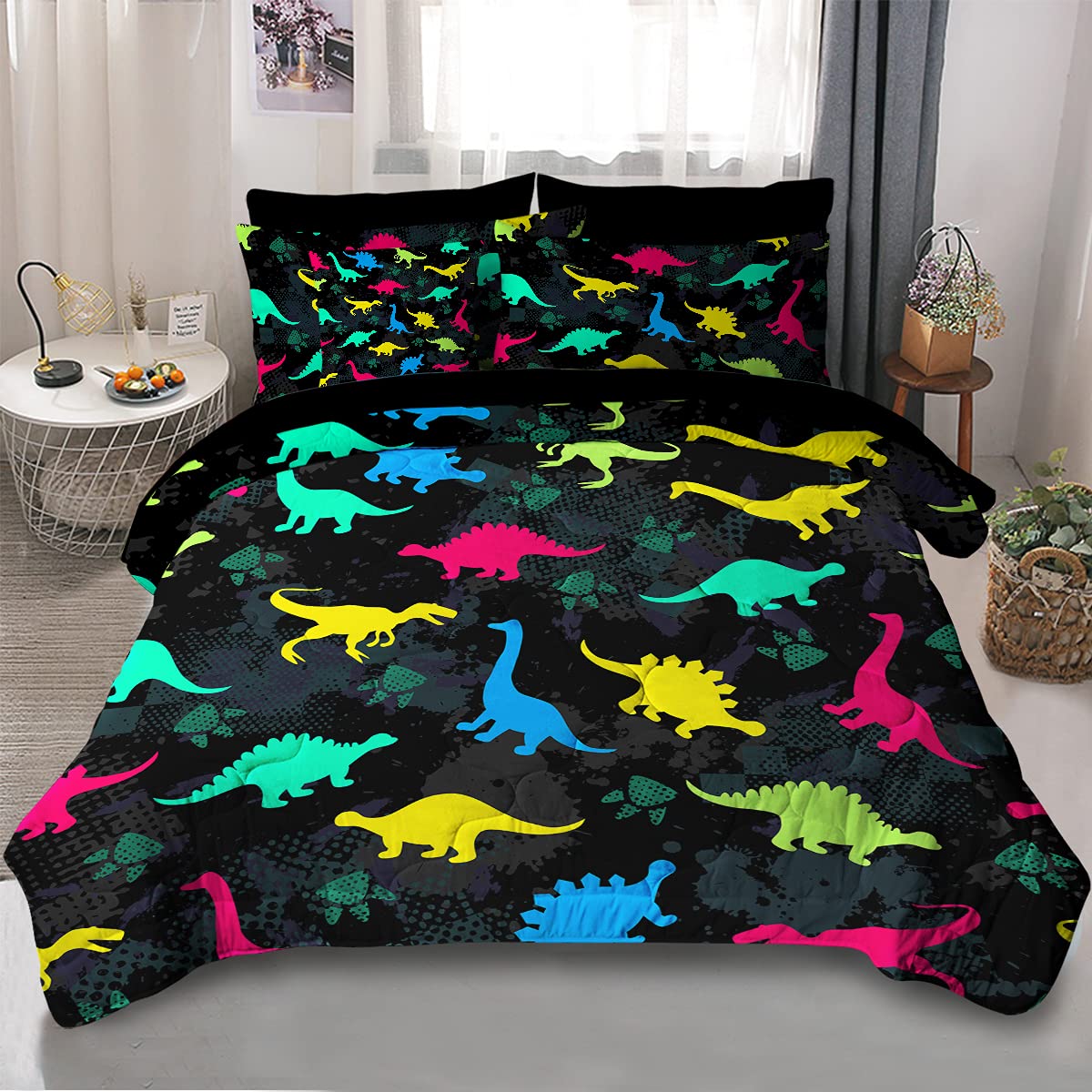 8-Piece Dinosaur Comforter Set - Neon Dino Bed in a Bag, King Size Kids Boys Bedding Set with 1 Comforter, 2 Pillowcases, 2 Shams, 1 Flat Sheet, 1 Fitted Sheet & 1 Cushion Cover - Perfect for Boys' Bedroom, Dinosaur Themed Nursery or Kids Room Decor