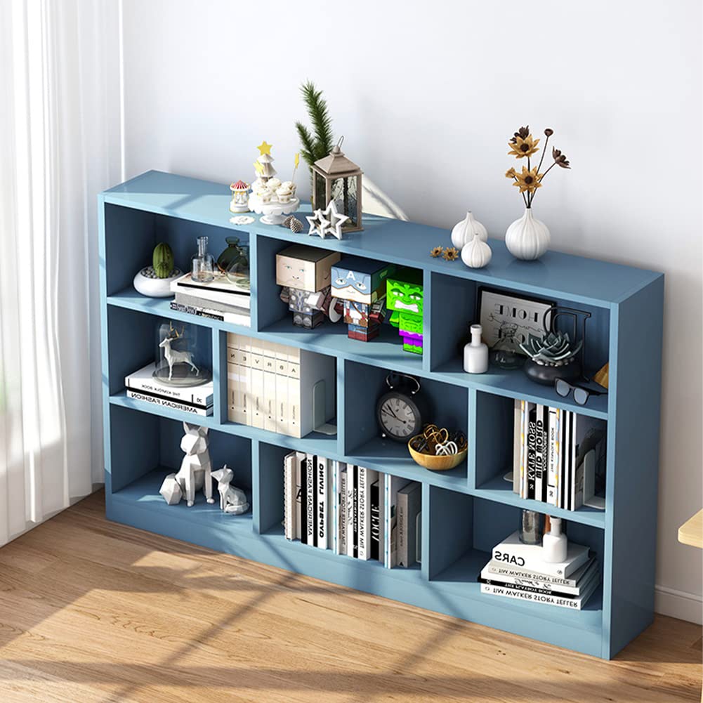 IOTXY 3-Tier Open Shelf Bookcase - Wooden Floor Standing Display Cabinet with Base, 10-Cube Short Horizontal Bookshelf in Bright Blue - Perfect for Living Room, Bedroom & Office Storage Organization