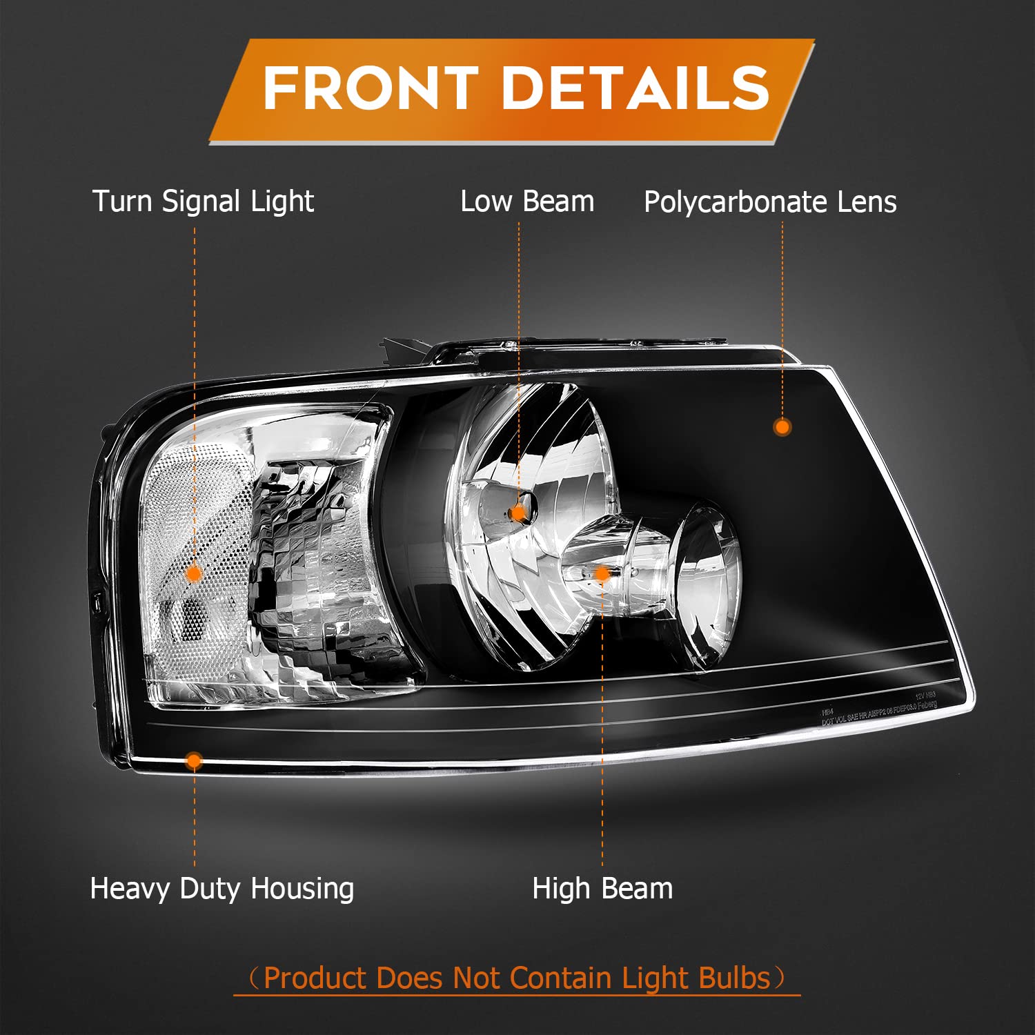 2003-2006 Ford Expedition Headlight Assembly - Black Housing, Clear Reflector & Lens - Driver & Passenger Side Replacement Headlamps - Perfect for Night Driving & Off-Road Adventures