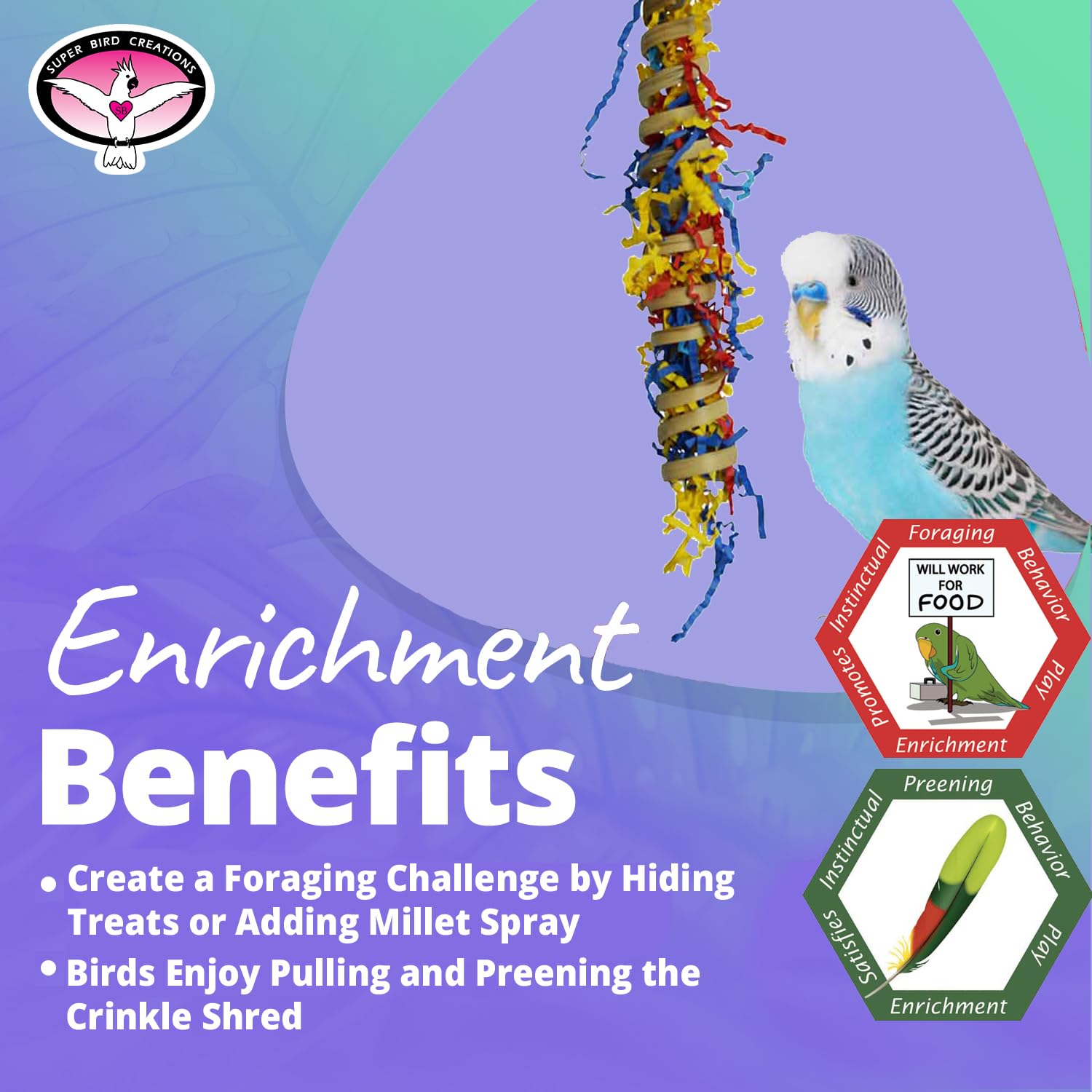 Super Bird Creations SB779 Fiesta Millet Holder Foraging Toy - Handmade Bird Toys with Curly Palm Spring & Crinkle Paper, Interactive Foraging Toys for Small to Medium Birds, Perfect Cockatiel & Parakeet Toys (9