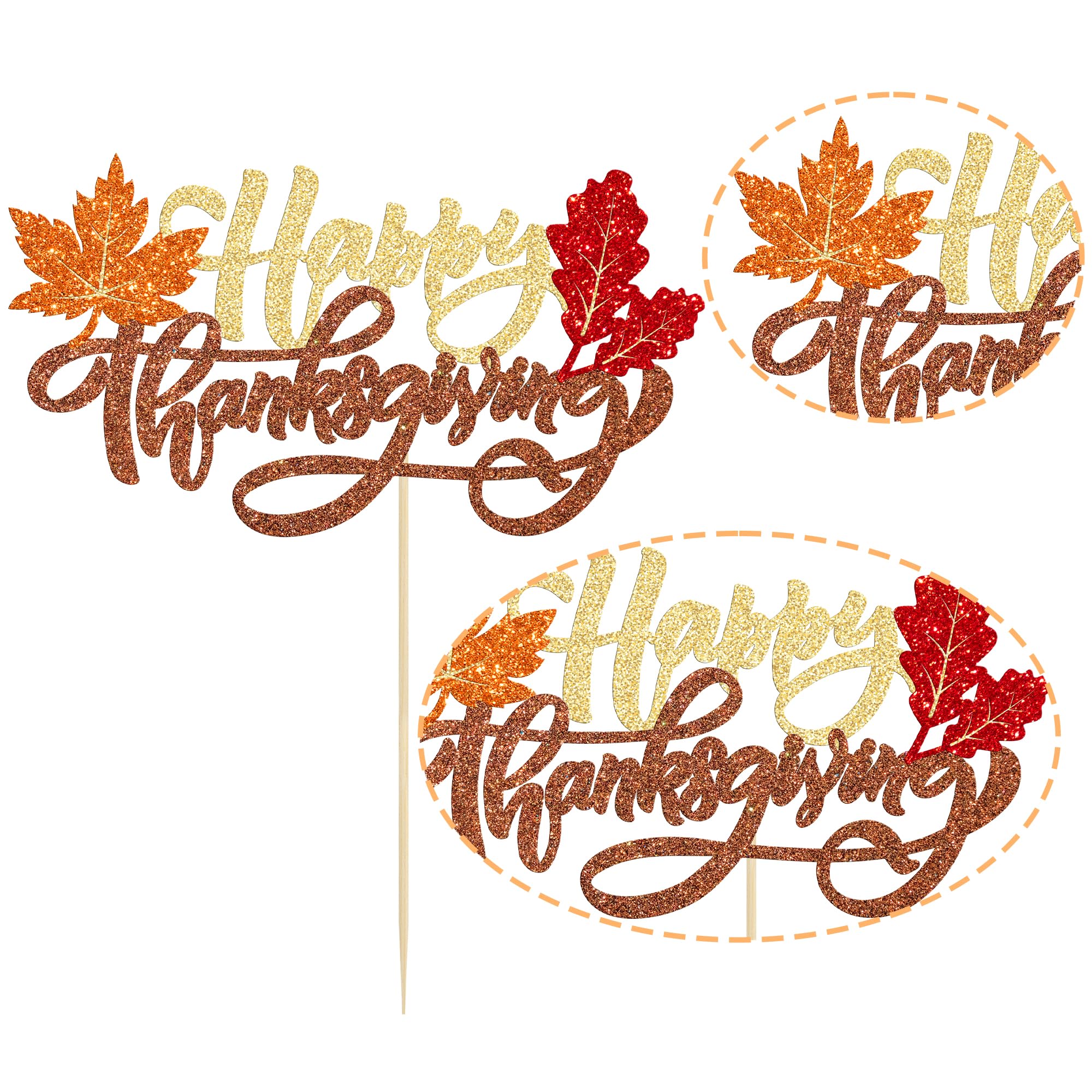 Happy Thanksgiving Cake Topper - Glitter Maple Leaves Cake Decorations for Friendsgiving, Autumn & Fall Theme Parties | Give Thanks Cake Picks for Thanksgiving Day Celebration | Perfect for Dessert Table, Holiday Baking & Festive Decor