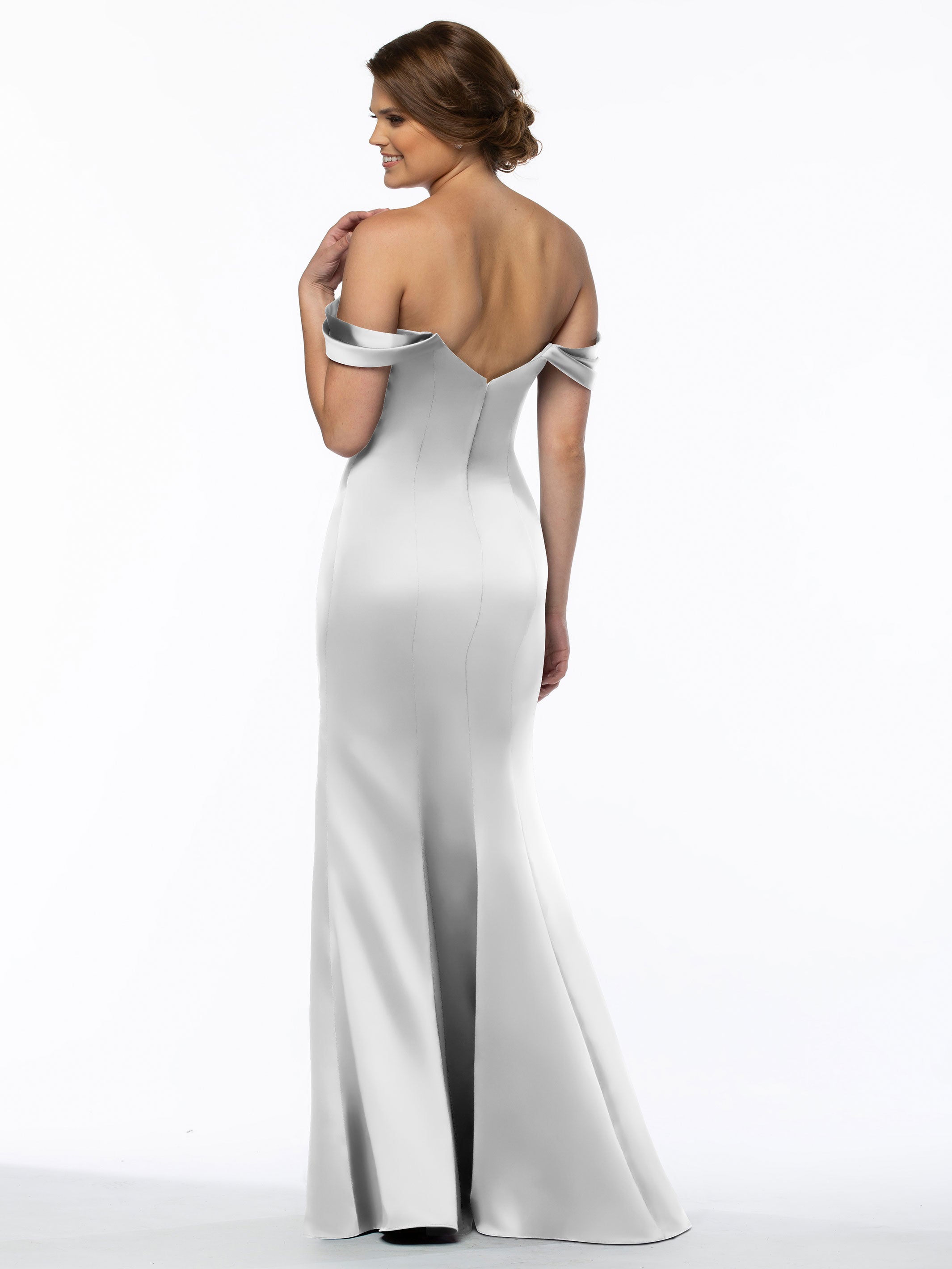 Elegant 80151 Fitted Satin Bridesmaid Dress with Off-The-Shoulder Sleeves - Perfect for Weddings, Formal Events & Special Occasions