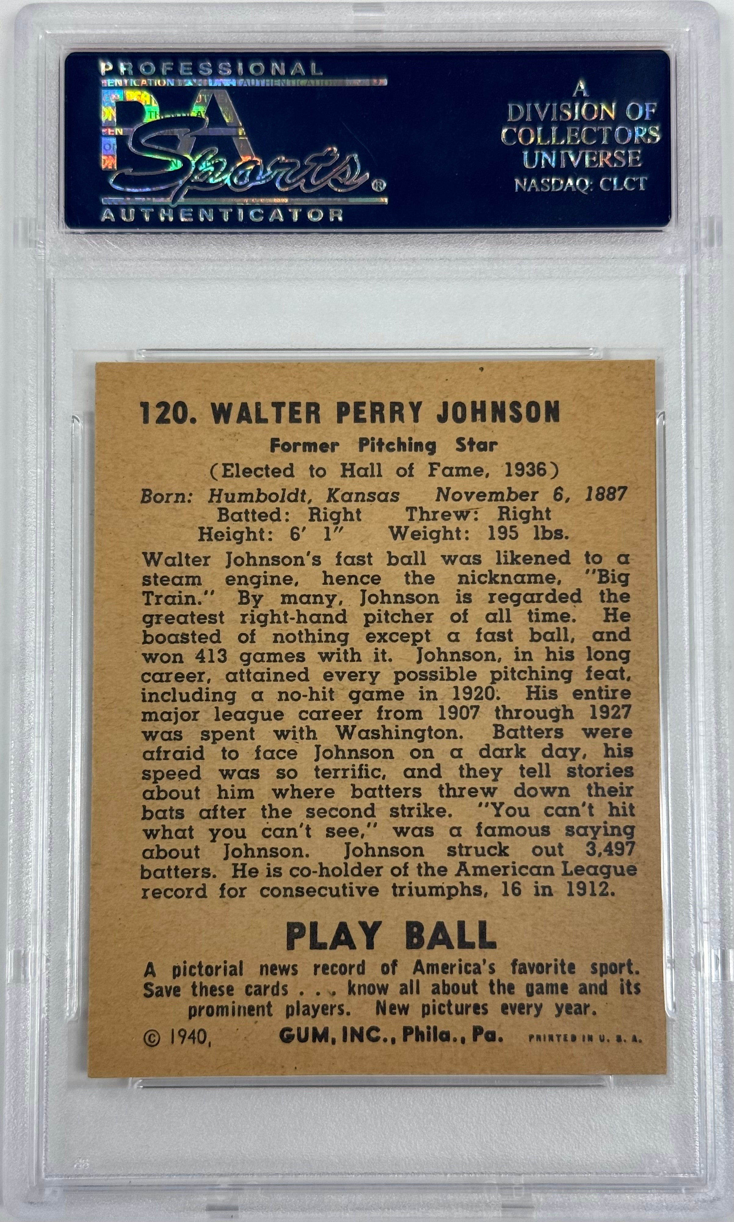 1940 Play Ball Walter Johnson #120 PSA 7 (OC) - Vintage Baseball Card for Collectors & Investors - Perfect for Display, Trading, and Sports Memorabilia Collections