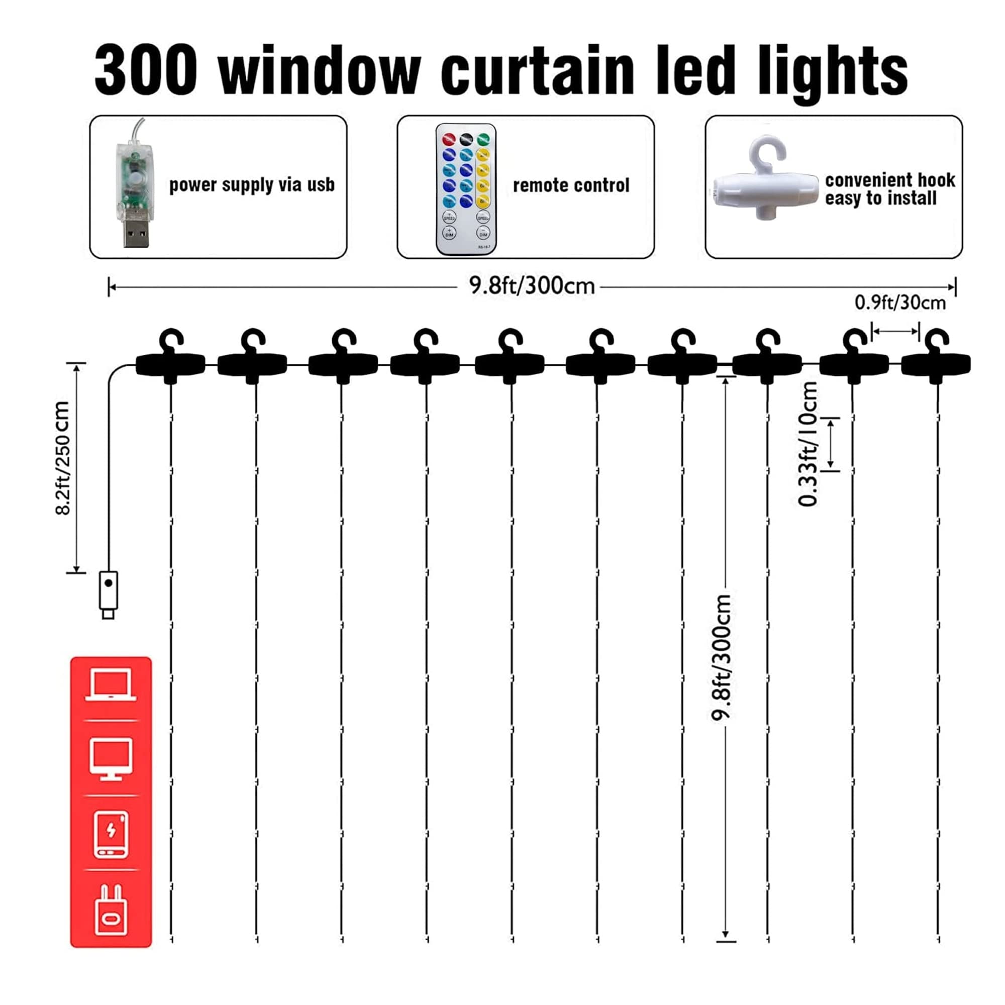 Dazzle Bright 300 LED Curtain String Lights - 9.8ft x 9.8ft USB Powered Waterproof Fairy Lights with 8 Lighting Modes for Christmas, Wedding, Party, Outdoor & Indoor Wall Decor (Blue) - Perfect for Bedroom, Garden, Patio and Holiday Decorations