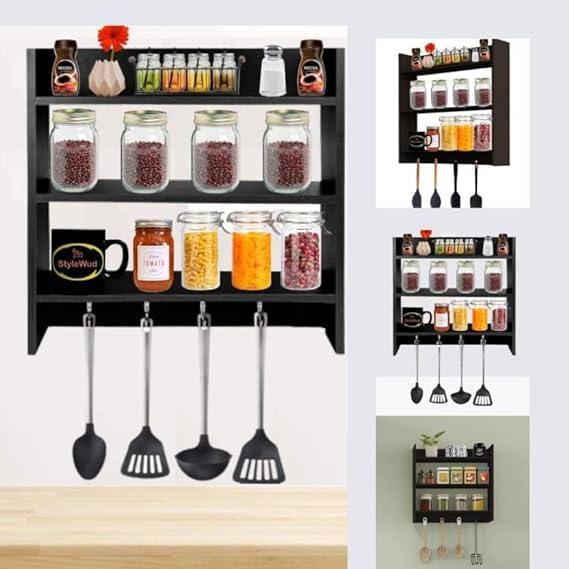 Wooden Kitchen Rack - Wall Mounted Storage Shelf Organizer for Spices, Utensils & Cookware | Rustic Home Decor for Pantry, Countertop & Small Space Organization