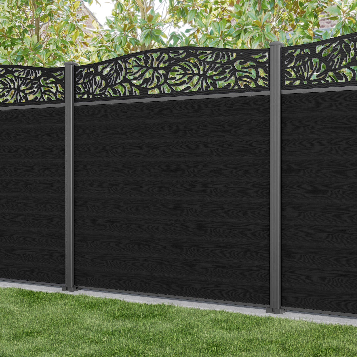 Classic Black Botanic Curved Top Fence Panel with Aluminum Posts - Perfect for Garden Borders, Backyard Privacy, and Landscape Decoration