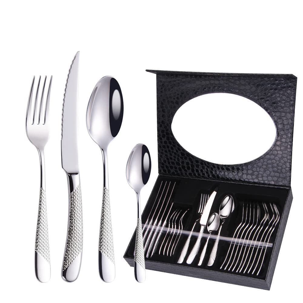 24-Piece Stainless Steel Flatware Set for 6 - Gold-Toned Titanium Plated Silverware Set with Knives, Spoons & Forks - Elegant Dinnerware for Restaurants, Weddings & Home Dining
