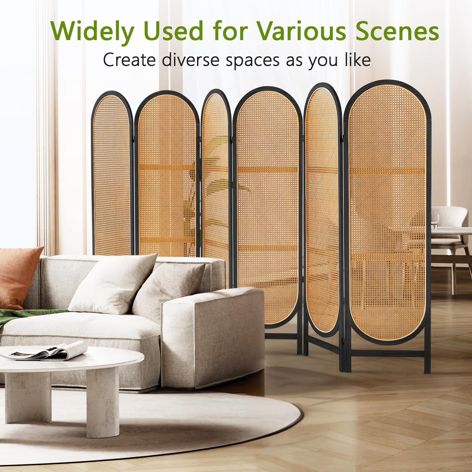 6 Panels Hand-Woven Rattan Room Divider - Freestanding Folding Privacy Screen for Home Office & Bedroom - Wooden Partition Wall for Indoor Space Separation - Black