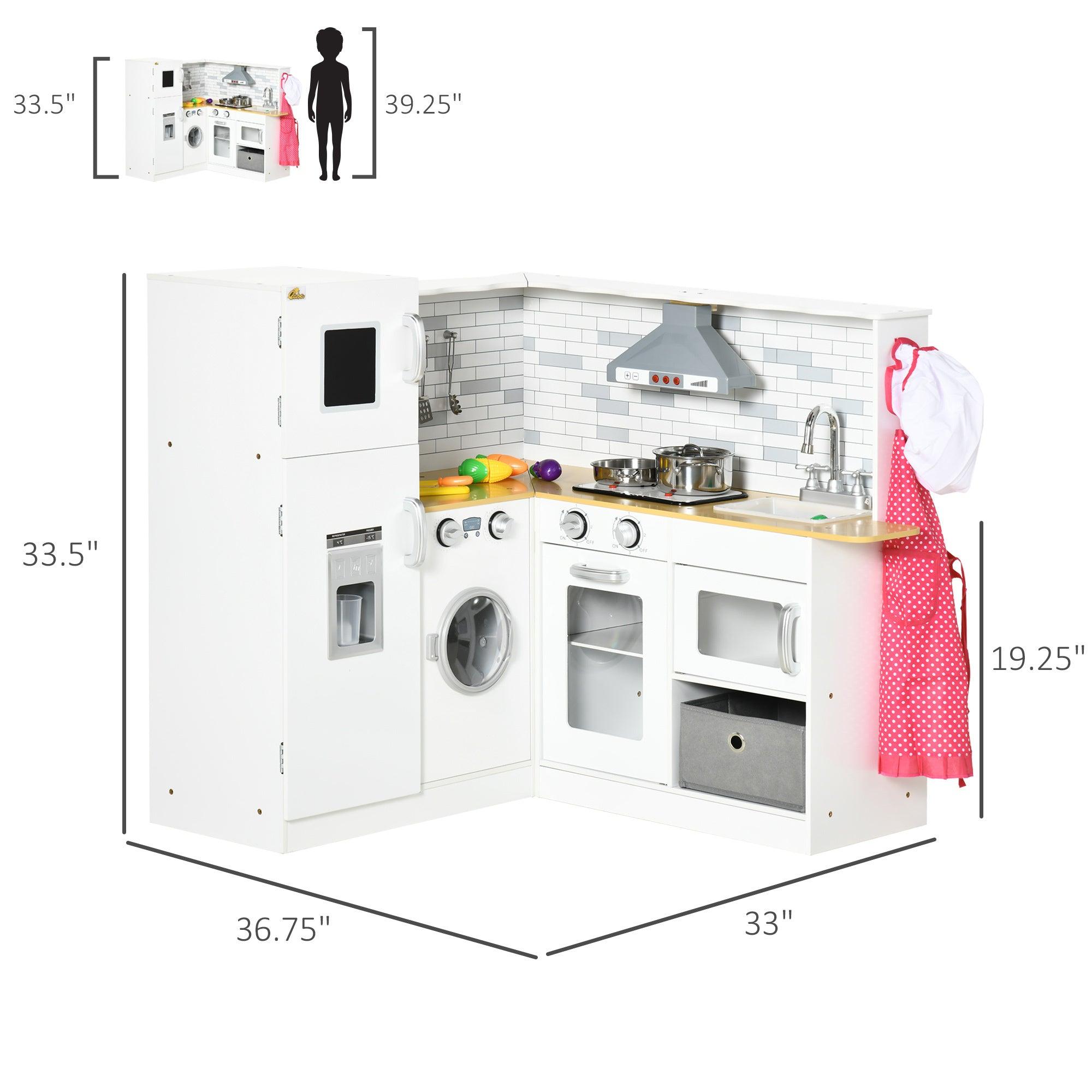 **Large Wooden Play Kitchen Set for Kids Ages 3-6 – Interactive Corner Kitchen with Sound Effects, Spacious Countertop, Washing Machine, Food Toys & Ice Maker – Perfect for Pretend Play, Birthday Gifts & Daycare Fun (White)**