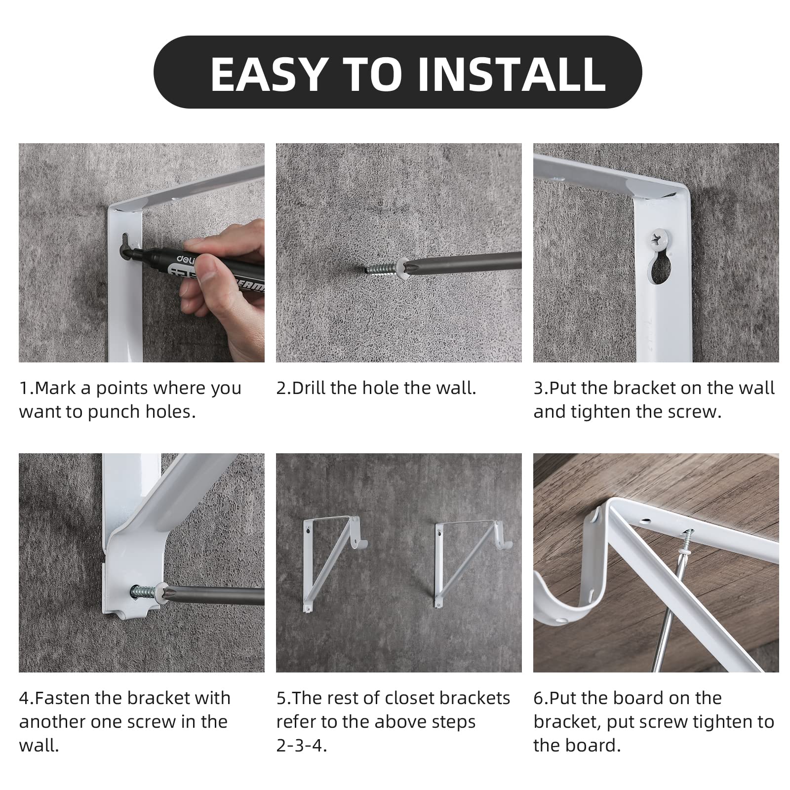 Heavy Duty Closet Shelf Rod Brackets - 10-Pack White Wall Mounted Shelving Supports Holds 300lbs - HOME MASTER HARDWARE with Screws Included for Bedroom, Closet & Garage Organization