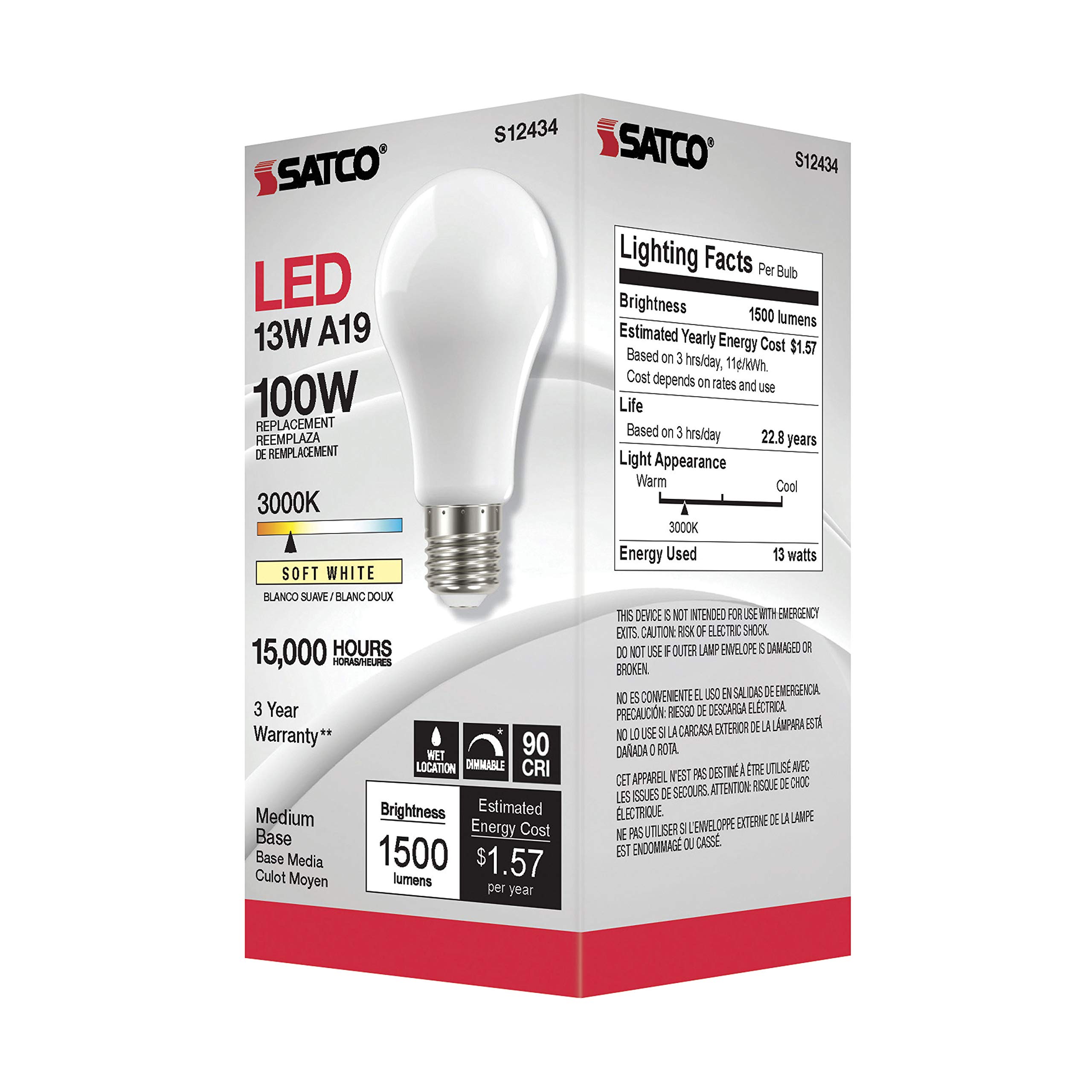 24 Pack Dimmable LED Filament Bulbs - Satco S12434, 13.5W A19 Soft White (3000K), 90 CRI, 120V - High Lumens for Home, Hotel, Retail & Office Lighting