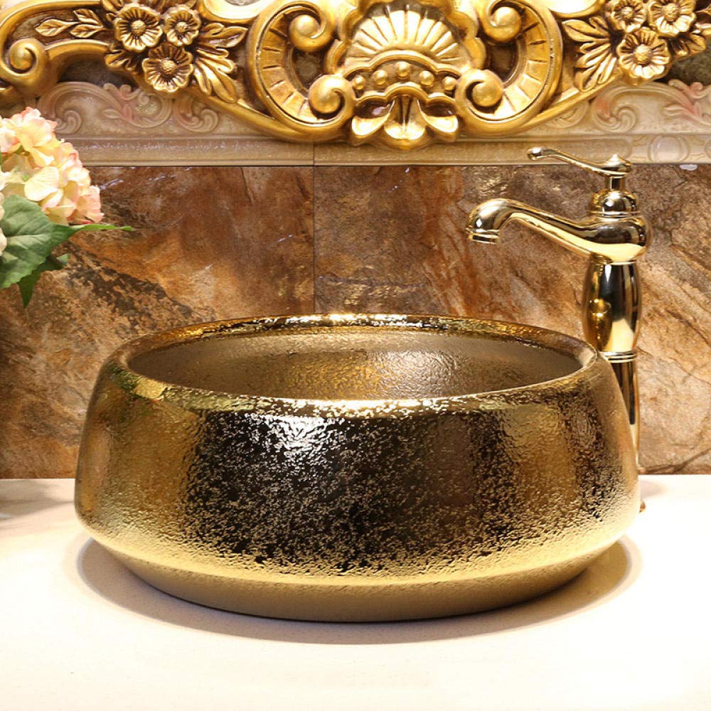 Handcrafted Porcelain Vessel Sink - Golden Rim Bathroom Countertop Basin | Modern Art Ceramic Sink for Luxury Bathrooms & Powder Rooms (Sink Only)
